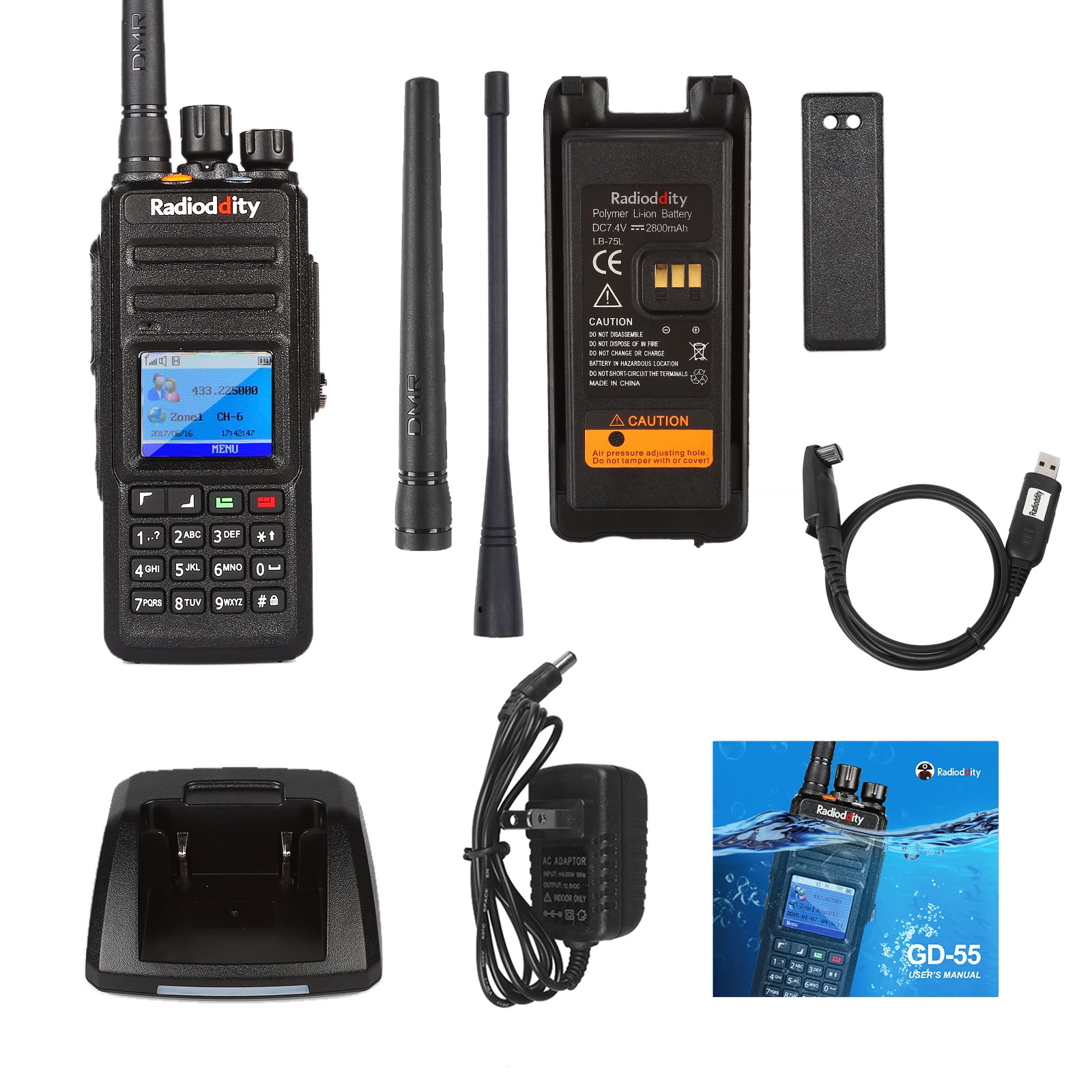 Radioddity GD 55 Plus UHF DMR Digital Two-Way Radio - 2800mAh Battery, 10W/4W Power, IP67 Waterproof, Voice Recording - Ideal for Construction, Security & Outdoor Adventures [Discontinued]