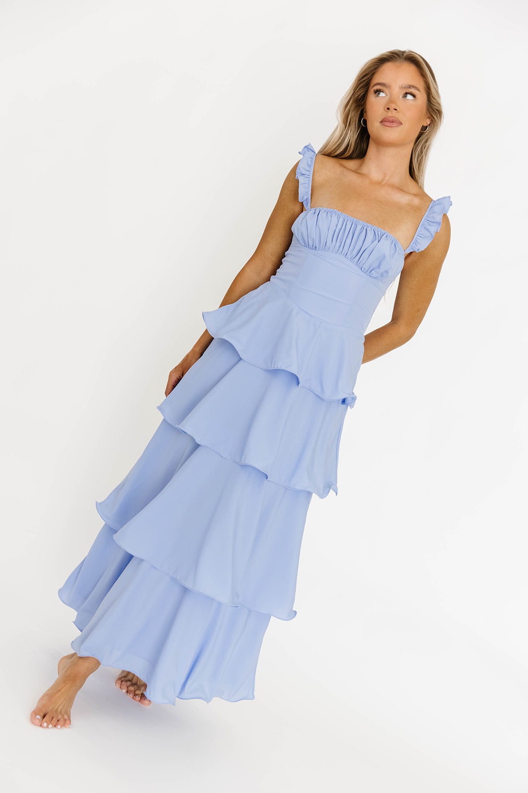 Lily Ruffle Strap Tiered Maxi Dress in Baby Blue | Flowy Summer Beach Dress for Women | Perfect for Vacations, Weddings & Date Nights
