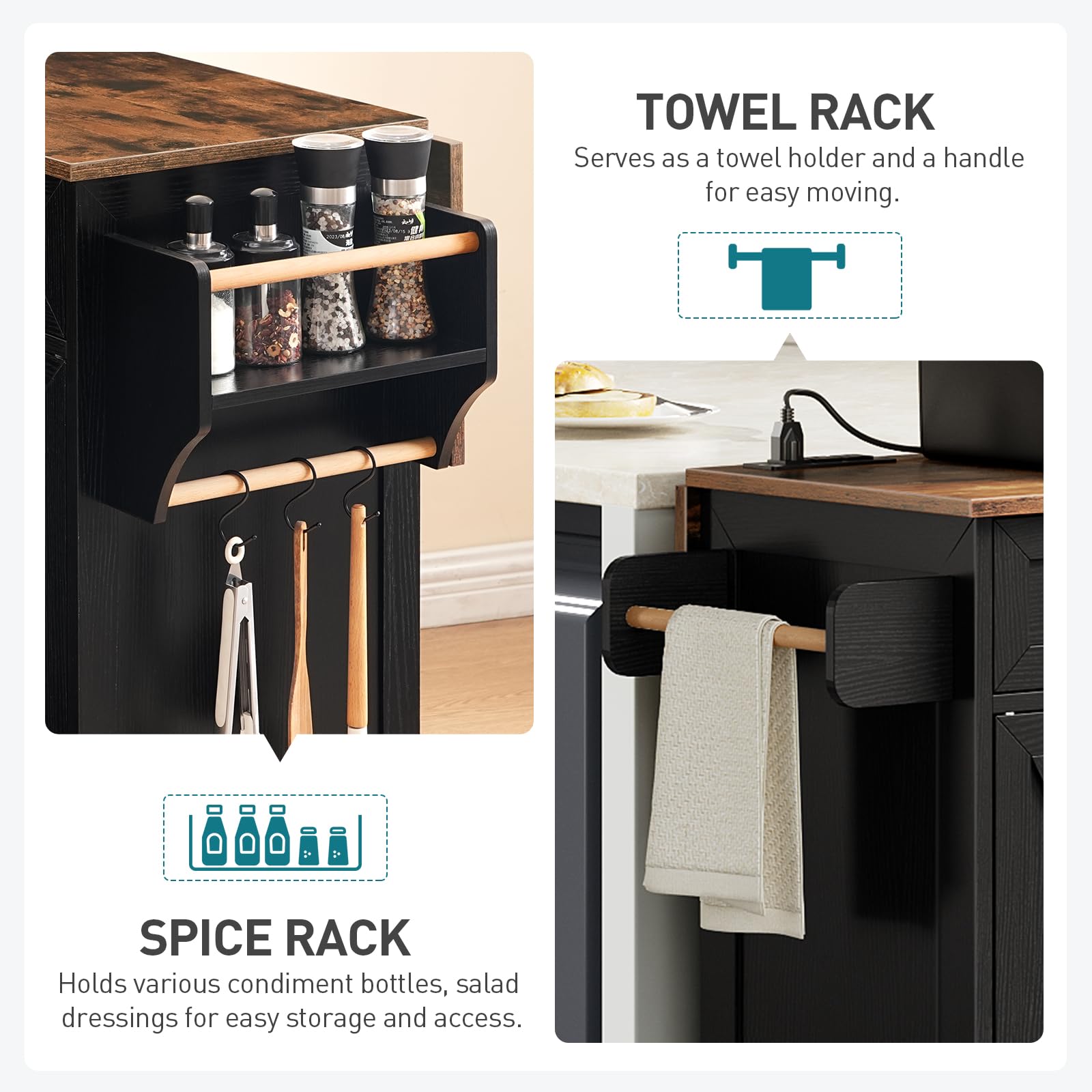**Black & Rustic Brown Kitchen Island Cart with Drop Leaf, 3 Drawers, Towel Rack, Spice Rack & USB Charging Station – Mobile Storage Table for Small Spaces, Breakfast Bar & Kitchen Organization**    *(Use Cases: Perfect for small kitchens, meal prep, extra counter space, breakfast nook, or as a portable serving cart for entertaining.)*