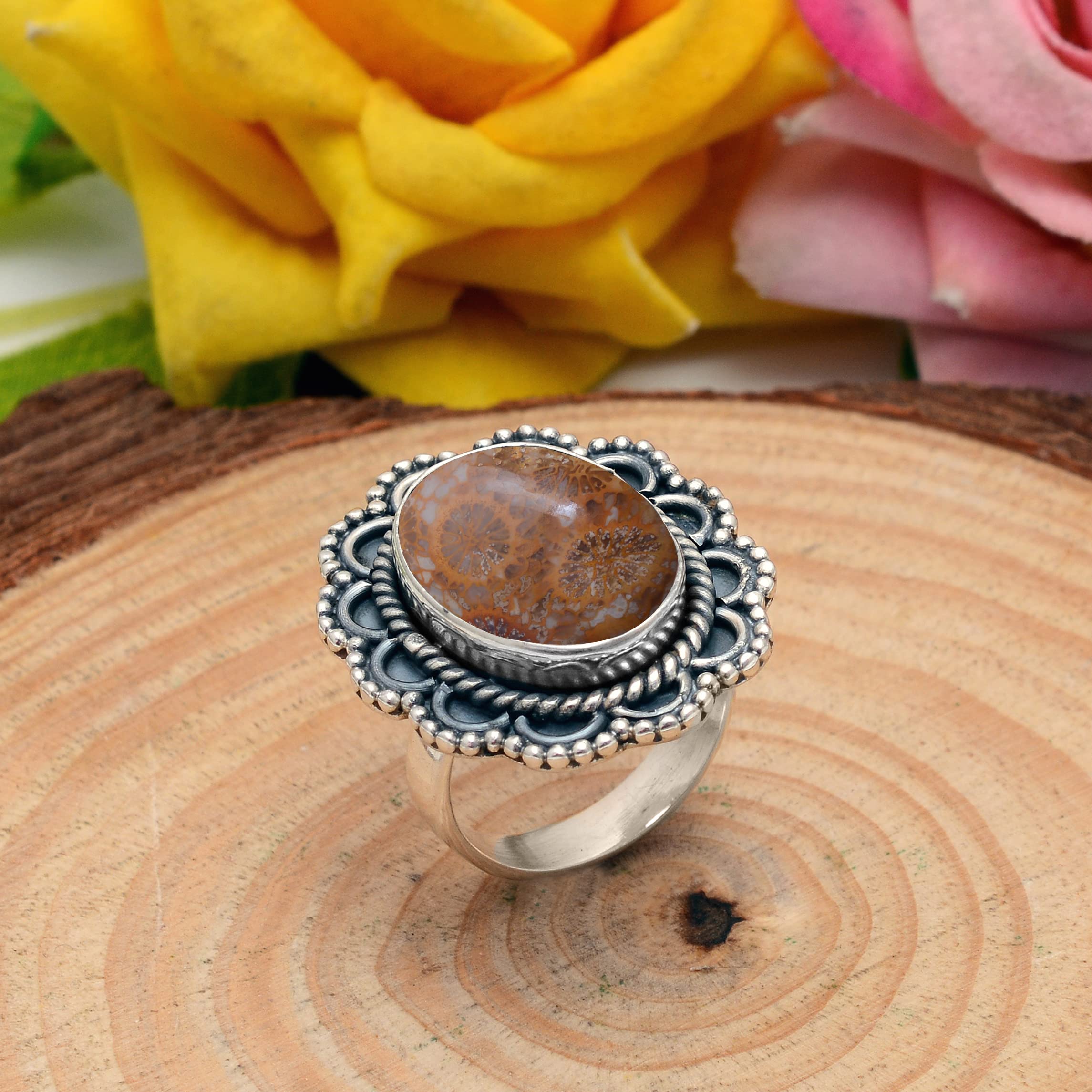 Veracity Jewelry 925 Sterling Silver Fossil Coral Jasper Ring for Women - Healing Meditation Gemstone Jewelry - Yellow Orange Jasper Stone Ring (VSR-286) - Perfect for Spiritual Healing, Yoga & Meditation Practice