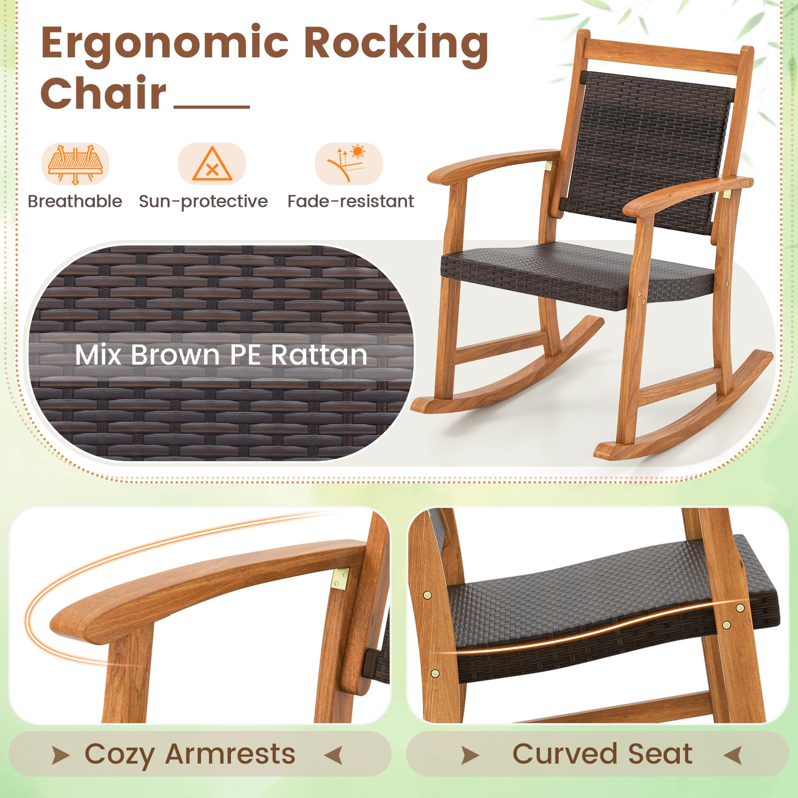 Tangkula 3-Piece Acacia Wood Patio Rocking Chair Set with Wicker Rattan Seat & Side Table - Outdoor Garden Furniture for Backyard, Poolside & Relaxation | Perfect for Lounging, Entertaining & Enjoying Summer Evenings