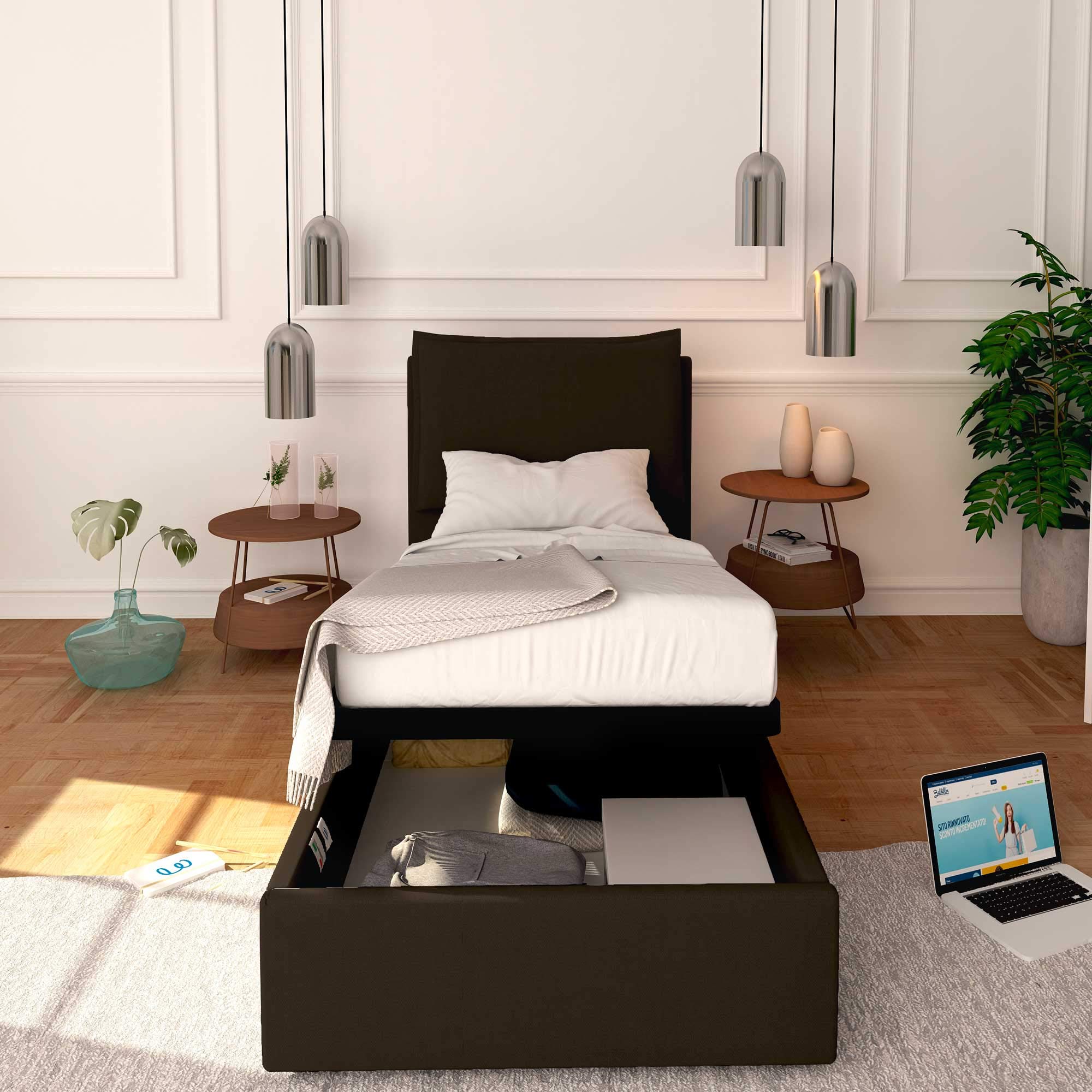Baldiflex Single Bed with Storage, Licia Model, Synthetic Leather, Slatted Base for Single Mattress, 80 x 190 cm, Finely Padded Chocolate Headboard – Perfect for Small Bedrooms, Guest Rooms & Studio Apartments