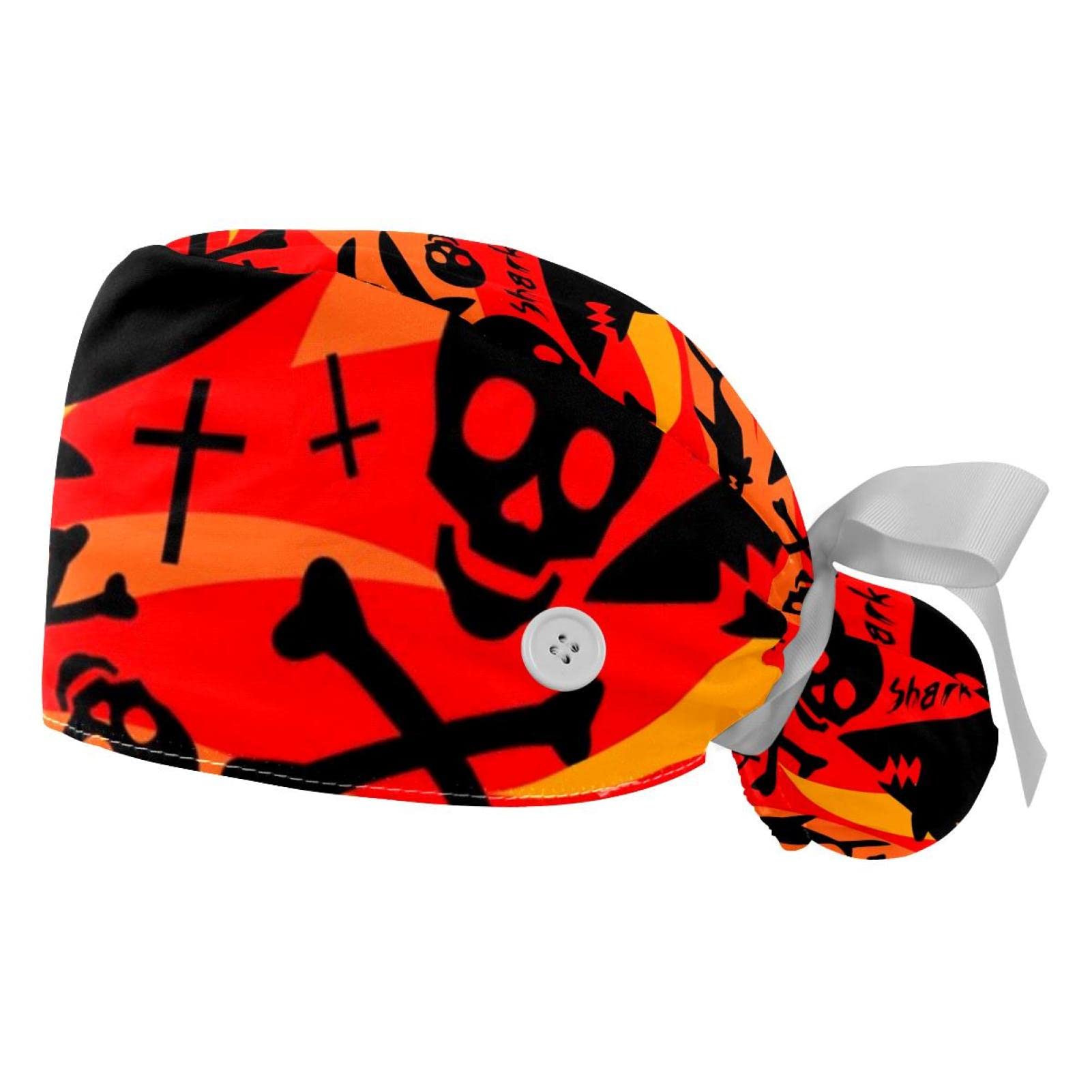 2 PCS Long Hair Working Cap with Buttons & Sweatband - Adjustable Ribbon Tie Back Skull Cap for Nurses, Chefs & Hairdressers - Fish Bouffant Scrub Turban for Women's Hair Protection in Kitchen, Salon & Hospital