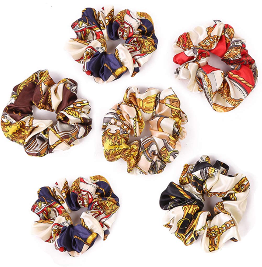 6 Pack Bohemian Floral Hair Scrunchies with Golden Chain - Soft Fabric Elastic Hair Ties for Women & Girls - Perfect for Ponytails, Buns, Cosplay & Everyday Wear