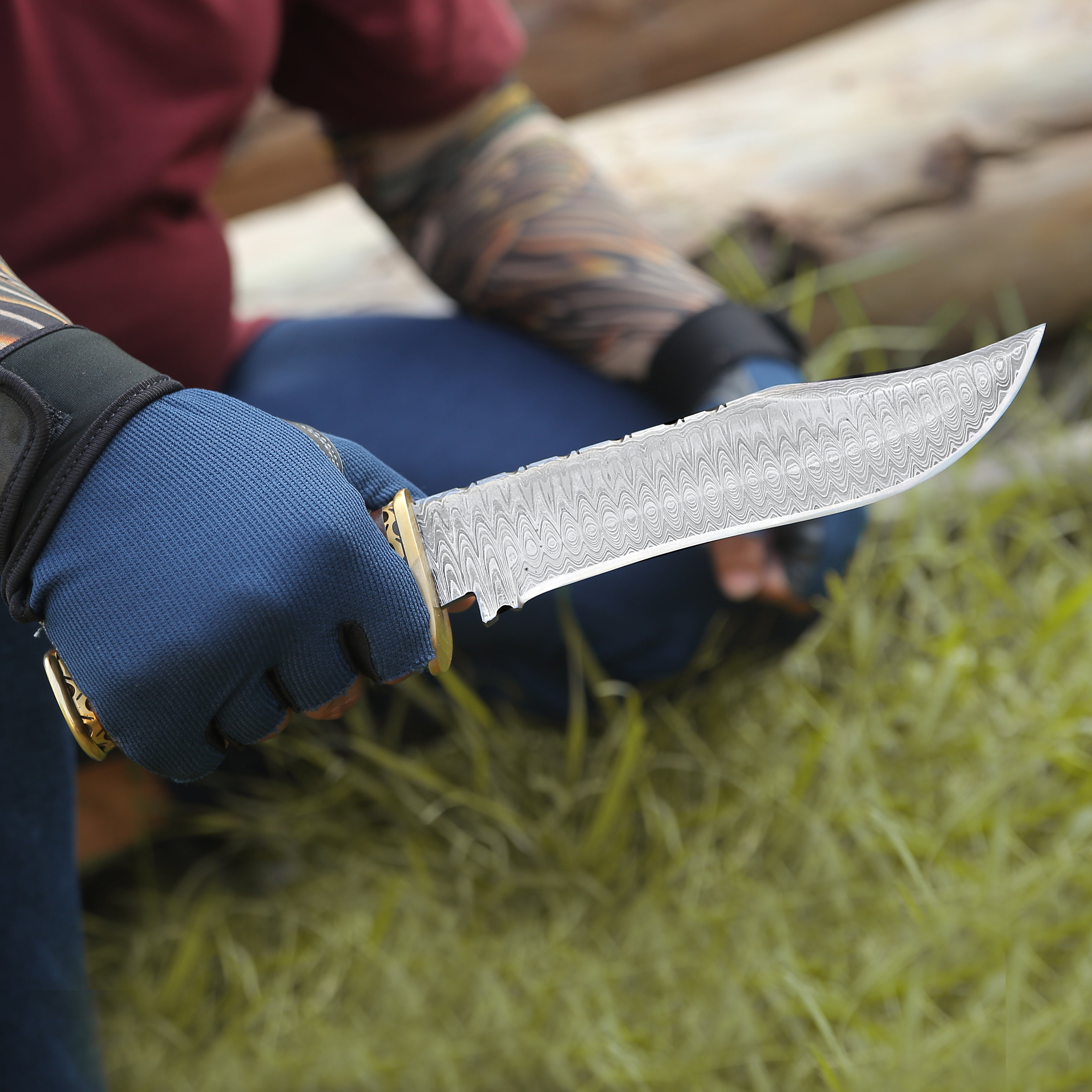 Premium Damascus Steel Bowie Knife with Rosewood Mosaic Handle - Hunting, Camping & Outdoor Survival Tool