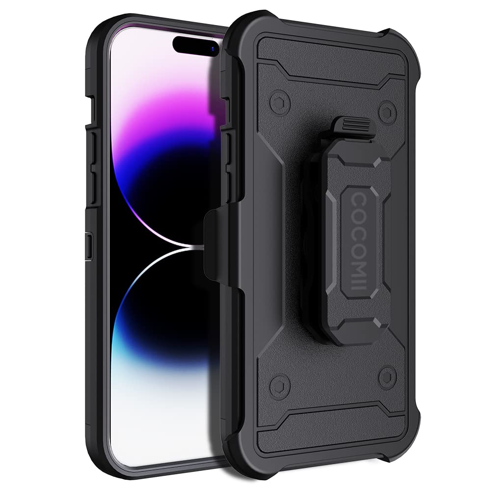 COCOMII Heavy Duty Military Grade Belt Clip Holster Case for iPhone 12 Pro Max (6.7 inch) - Face Inward/Outward Design with Kickstand - Perfect for Outdoor Work, Construction & Active Lifestyle - Black
