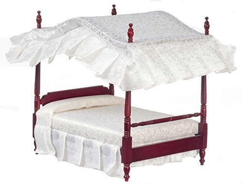 Miniature Mahogany 4 Poster Dollhouse Bed with Pillows & Blanket - Perfect for 1:12 Scale Dollhouse Bedroom Decor & Victorian Style Displays