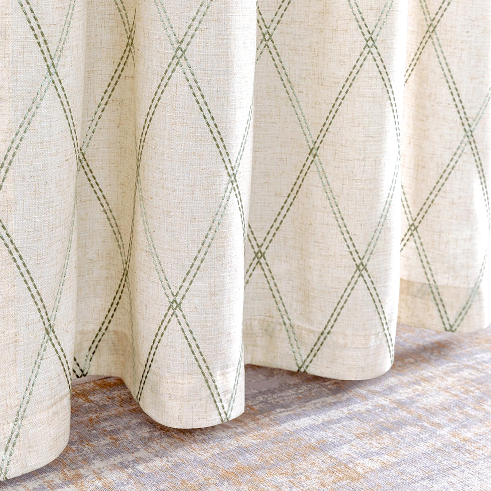 Premium Linen Curtains for Living Room & Bedroom - Green Diamond Embroidered Geometric Pattern Window Drapes, Flax Grommet Blackout Curtains Set (95