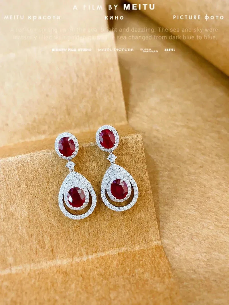 18K White Gold Diamond & Ruby Drop Earrings for Women | Luxury Elegant Dangle Earrings | Perfect for Senior Banquets, Weddings & Formal Events