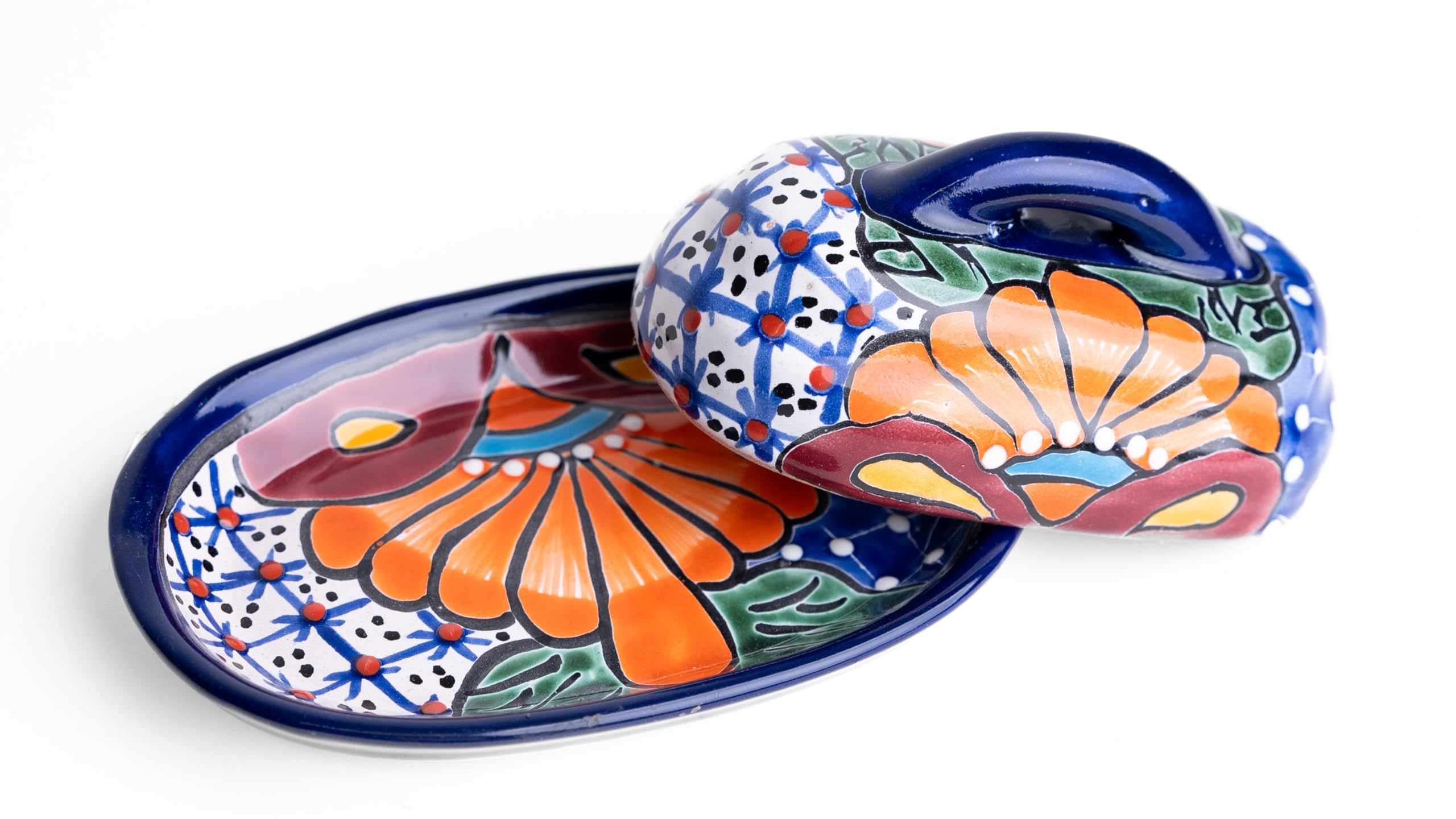 Hand-Painted Authentic Mexican Talavera Ceramic Butter Dish with Lid - Floral Design Kitchen Decor for Dining Table & Breakfast Buffet (Blue)