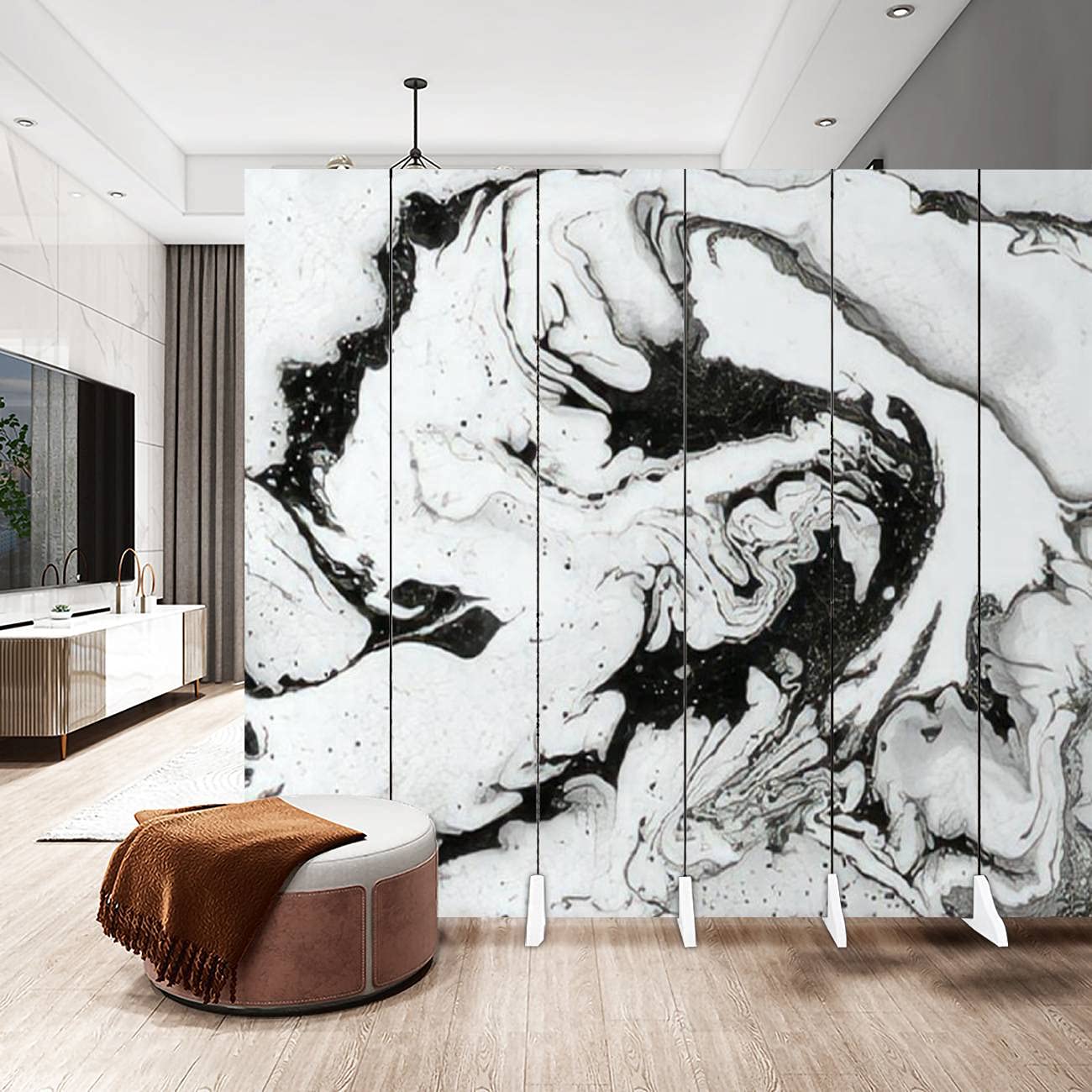 Abstract Black Ink Water Marble Canvas Room Divider - 6-Panel Folding Privacy Screen with Multicolor Design | Perfect for Home Office, Living Room Partition & Bedroom Space Separator