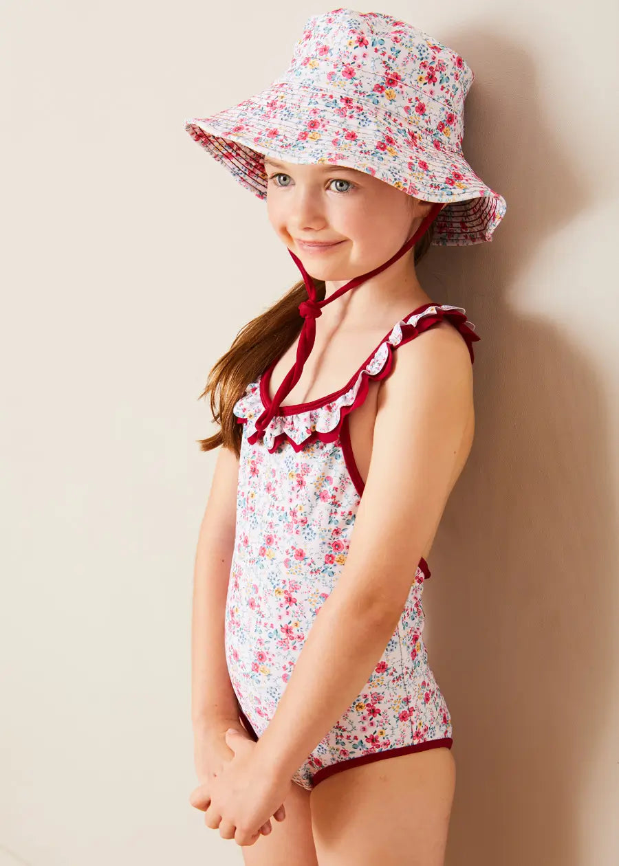 Louisa Floral Ruffle Trim Swimsuit for Girls Age 2-10 Years | Pink Ruffled Bathing Suit | Perfect for Beach, Pool & Summer Vacations