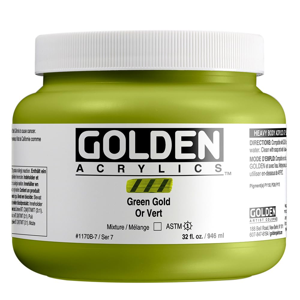 GOLDEN Heavy Body Acrylic Paint - Professional Grade Green Gold 32 fl oz Jar, Transparent Artist Paint for Canvas, Murals & Fine Art | Studio & Classroom Use