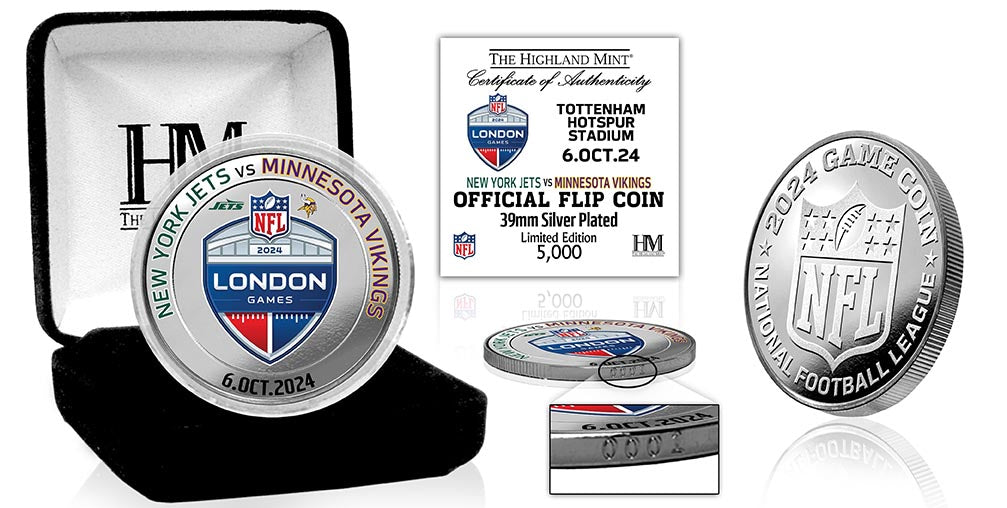 2024 NFL London Games Commemorative Coin - New York Jets vs Minnesota Vikings Silver Plated Flip Coin for Football Fans & Collectors - Perfect for Game Day, Sports Memorabilia & Gift Giving