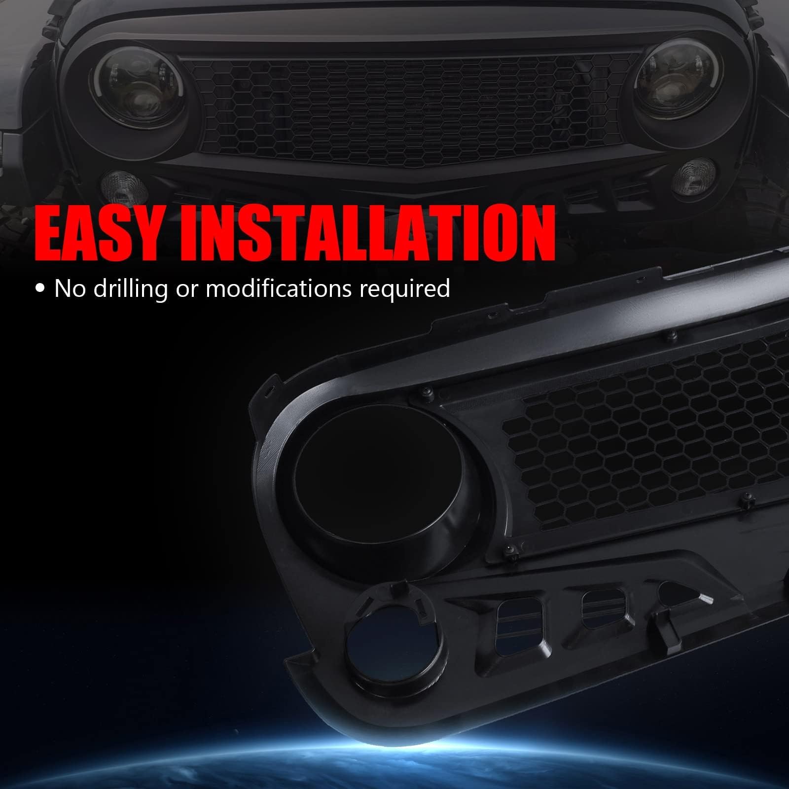2007-2018 Jeep Wrangler JK JKU Front Grill with Mesh Matte Black Grille - Fits Rubicon, Sahara & Sport Models (Challenger Style) - Off-Road Upgrade & Custom Look