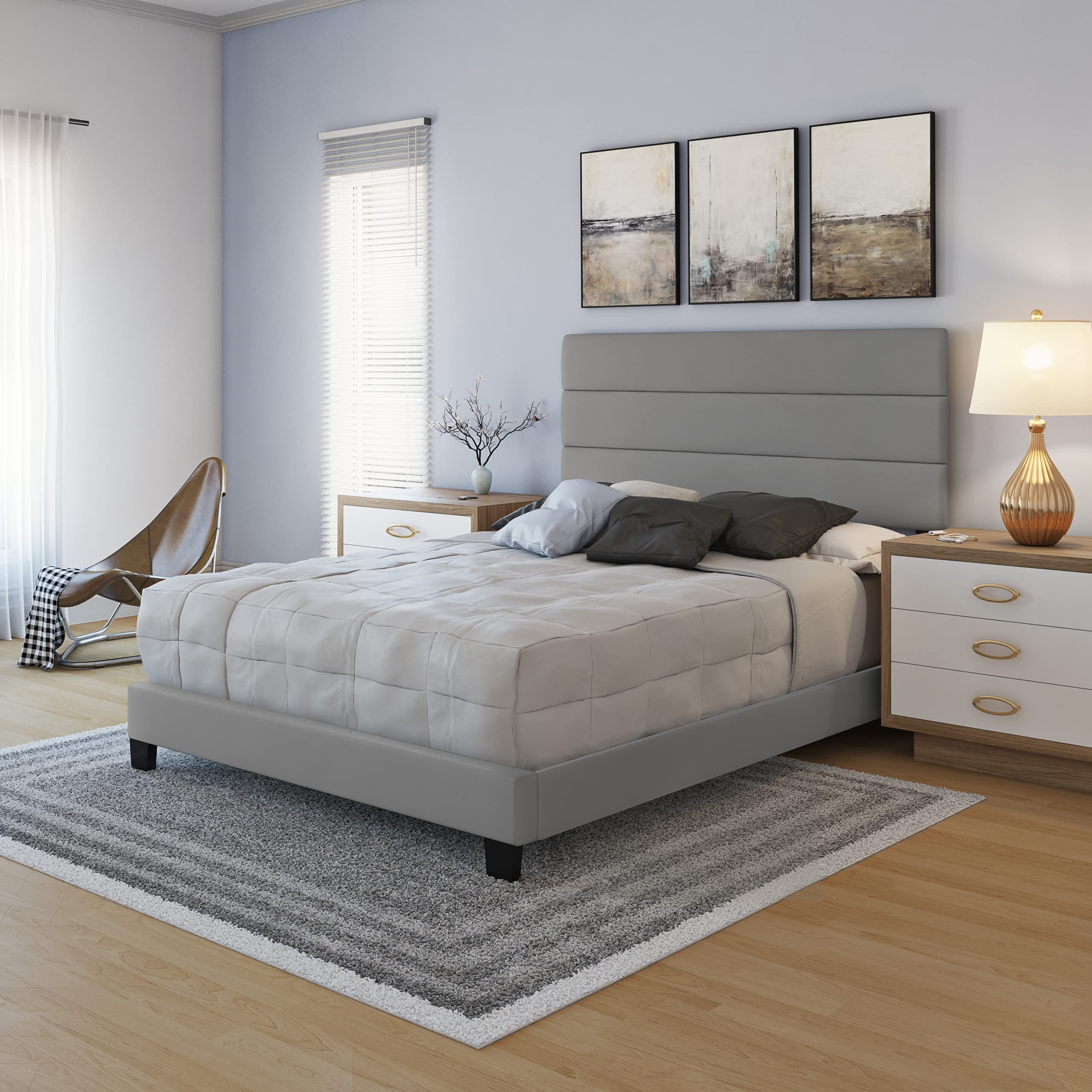 Boyd Sleep Piedmont Upholstered Platform Bed Frame with Tri-Panel Headboard - No Box Spring Needed - Faux Leather, Grey, Full Size - Perfect for Modern Bedrooms & Guest Rooms