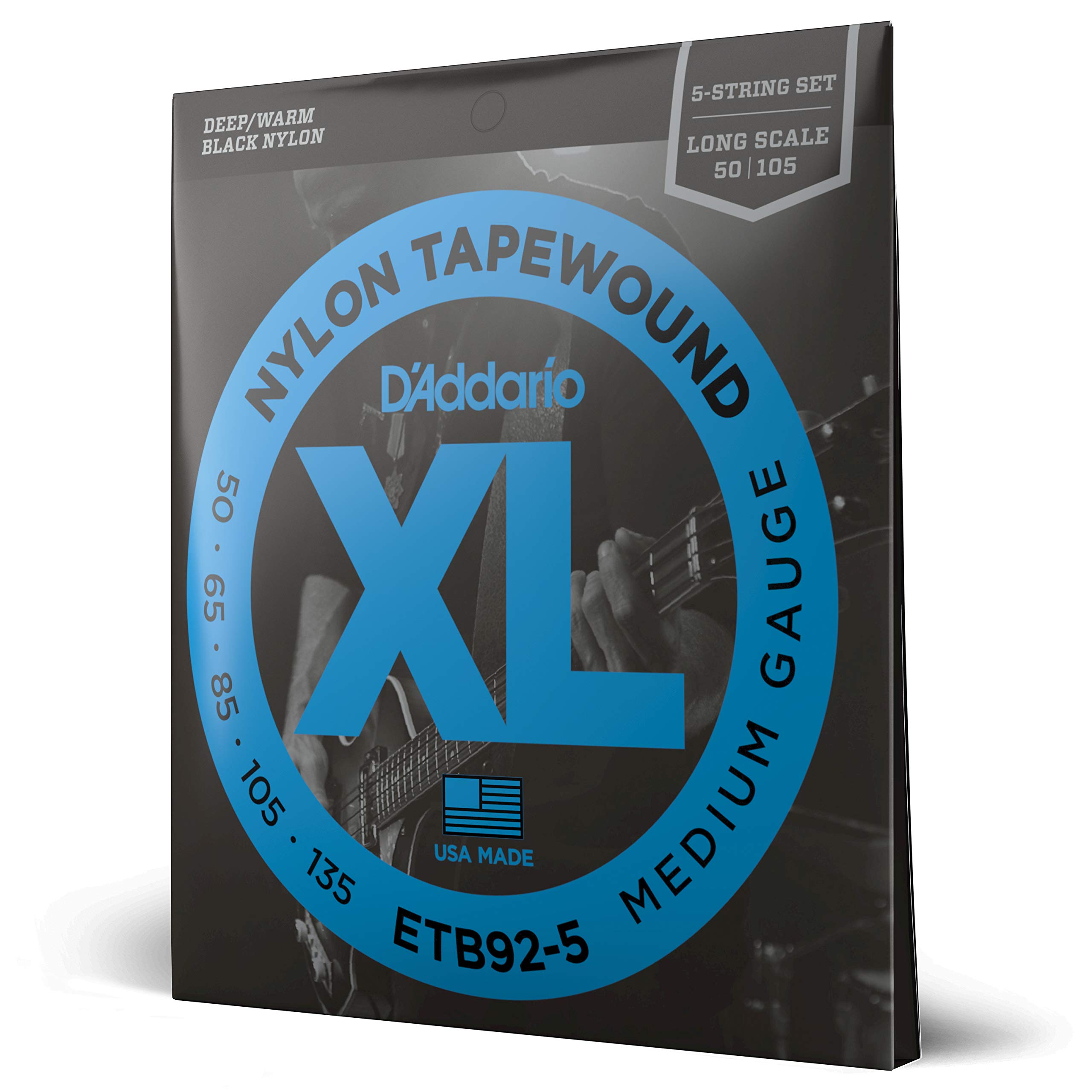 D'Addario ETB92-5 Tapewound Black Nylon Bass Guitar Strings - Long Scale Medium Gauge (50-135) 5-String Set - Perfect for Jazz, Blues & Studio Recording