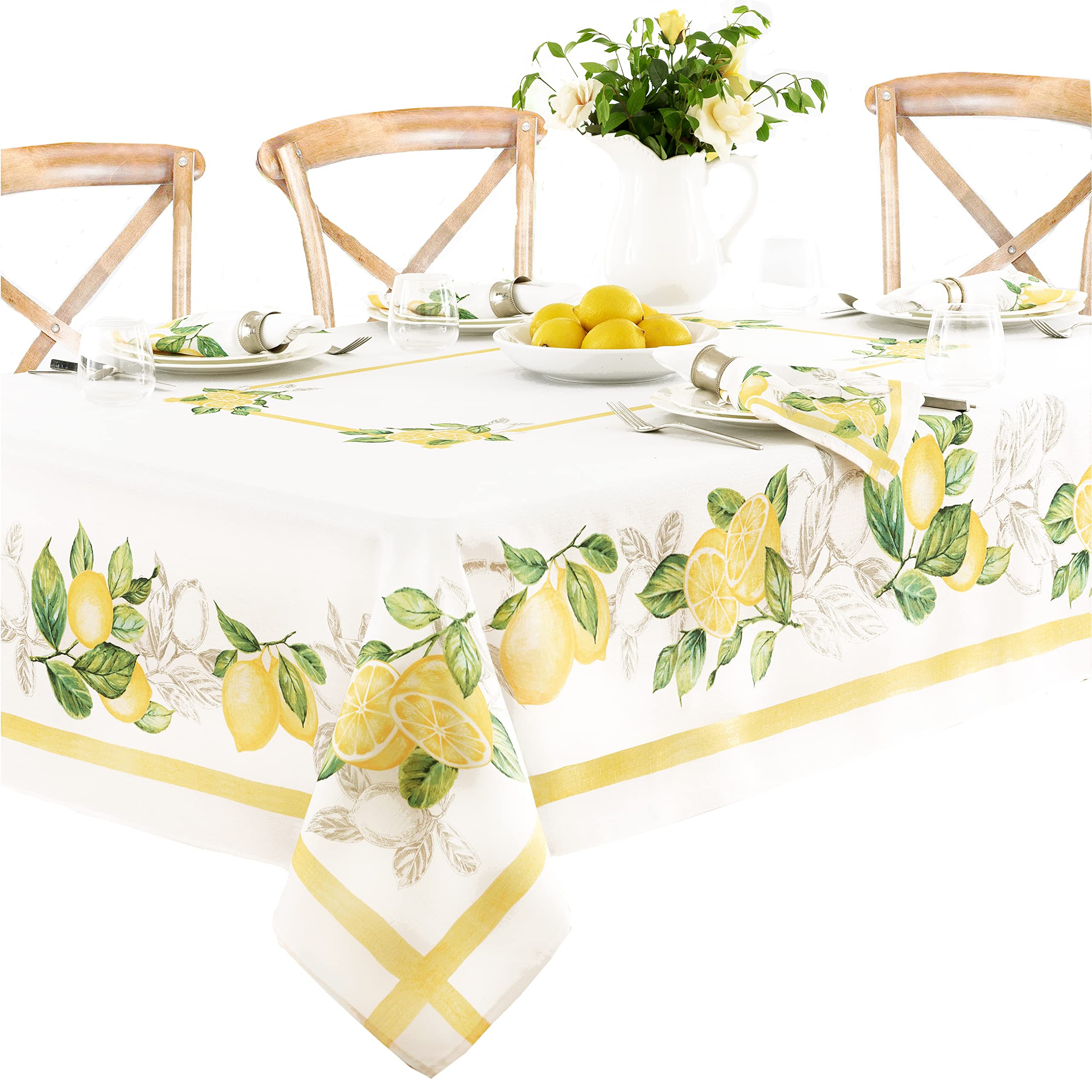 Newbridge Rectangle Fabric Placemats Set of 4 - Stain Resistant No-Iron Indoor/Outdoor Table Mats in Lemon Orchard Print with Fresh Lemon and Citrus Leaf Design - Perfect for Dining Tables, Kitchen Decor, and Outdoor Entertaining