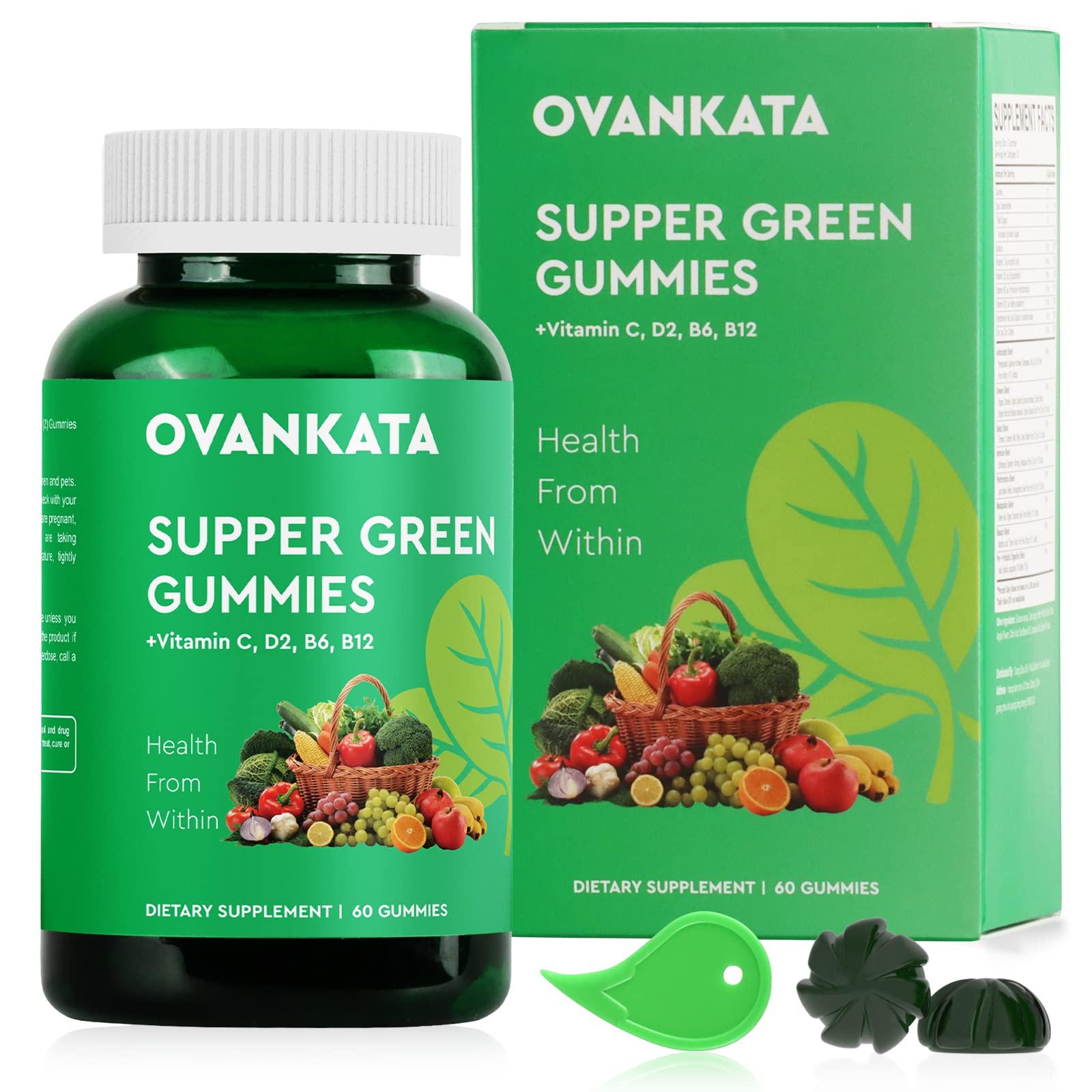 OVANKATA Super Greens Gummies - Energy & Immune Support Supplement with Greens, Superfoods, Fruits & Veggies (Spirulina, Chlorella, Probiotics) for Adults - 60 Count | Perfect for Daily Wellness & Active Lifestyle