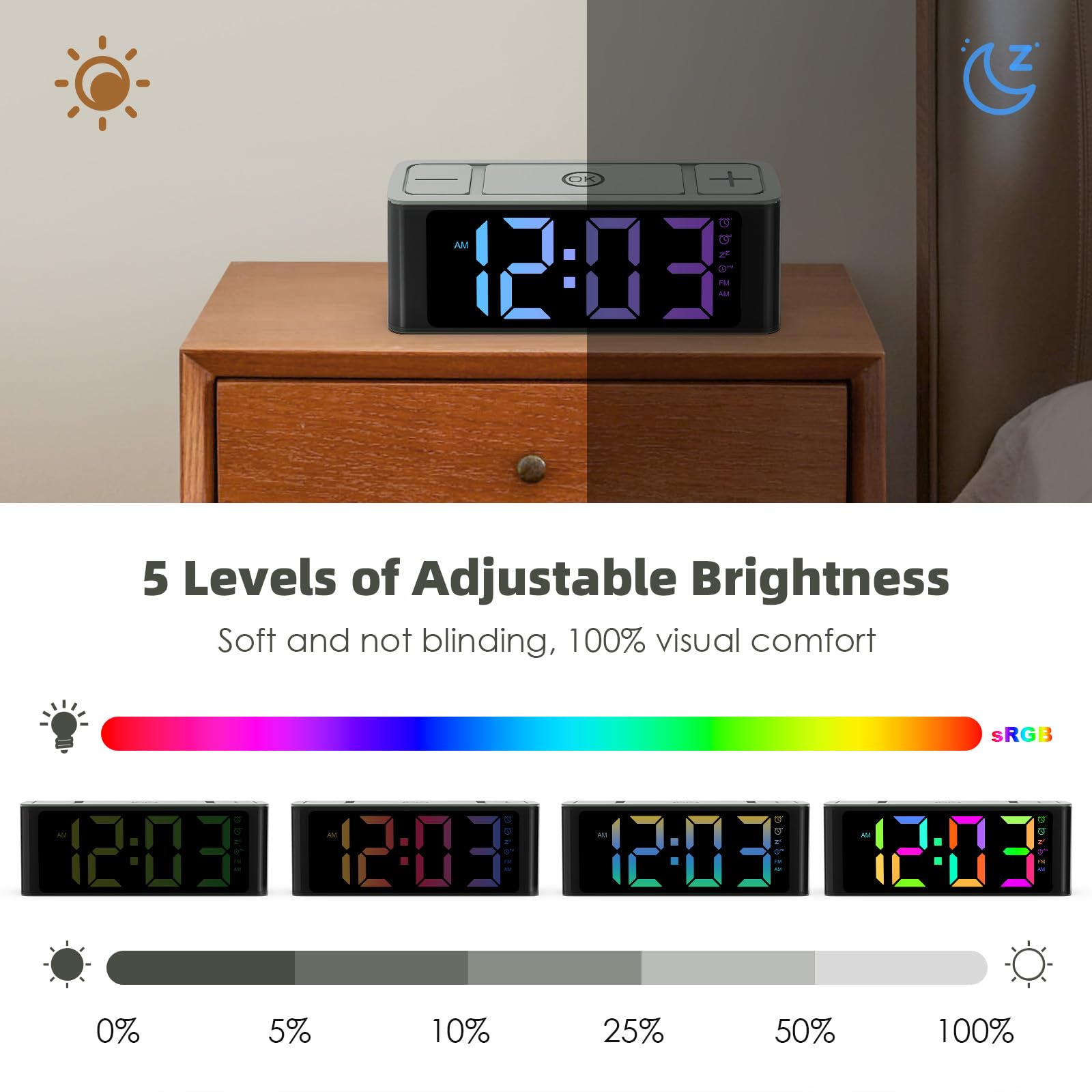 I·CODE Digital Alarm Clock with AM/FM Radio - Auto-On Timer, Dual Alarm, Snooze Function, Loud Alarm & Large RGB Display - Big Button Design for Easy Use - Perfect for Bedroom, Office, Dorm Room or Travel