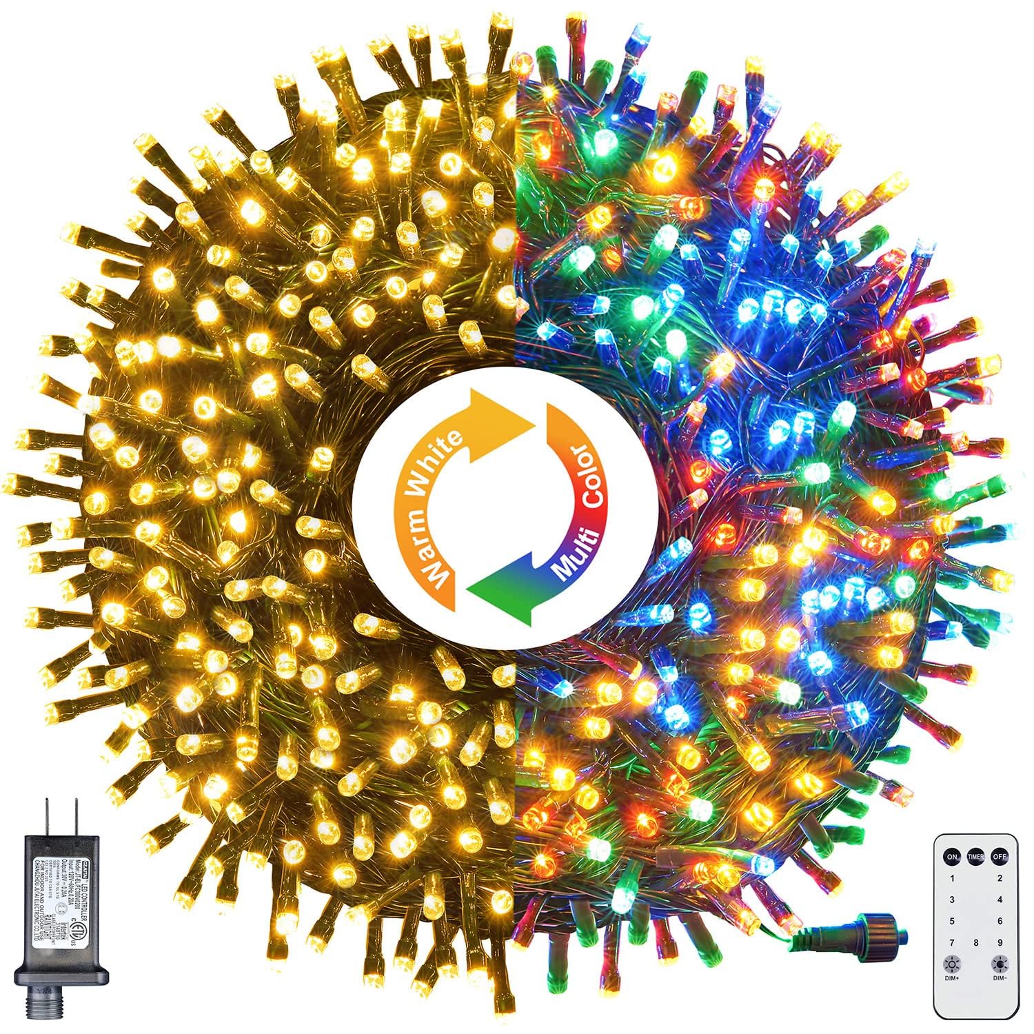 300 LED Multicolor Christmas Lights Outdoor 108FT - 9 Lighting Modes with Timer Remote, End-to-End Connectable, UL Listed, Green Wire for Holiday Decorations, Garden, Patio & Party Lighting