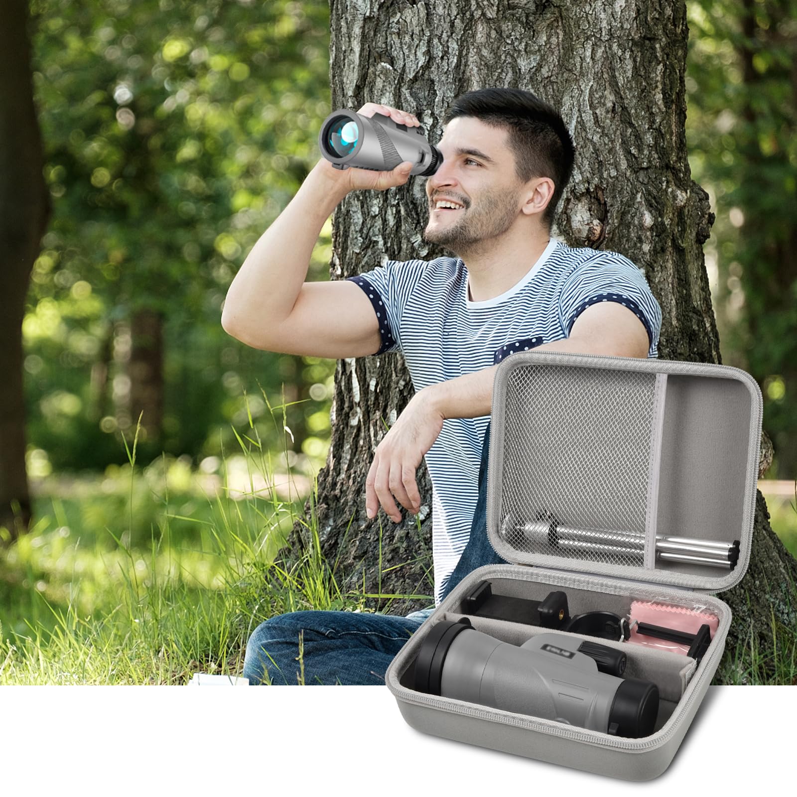 High Definition Monocular Telescope Case - Compatible with Gosky 12x55, Eullsi, PhysioPhyx 80x100, Pankoo 12x50 & Titan 12x55 - Includes Smartphone Holder & Tripod (Grey) - Perfect for Bird Watching, Hiking, Hunting and Outdoor Adventures