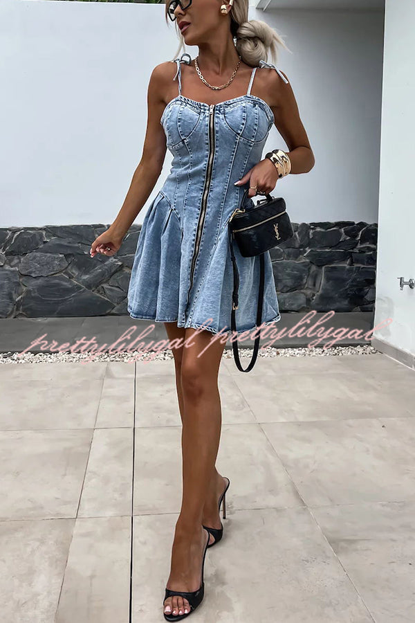 Sweet and Unique Washed Denim Stretch Mini Dress with Center Front Zipper - Perfect for Casual Outings, Date Nights & Summer Parties