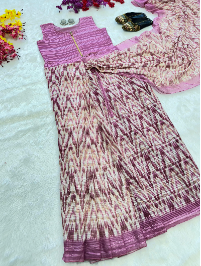 Pink 10-Second Saree Ikat Gown with Stitched Blouse - Fast UK Next Day Delivery - Perfect for Weddings, Parties & Festive Occasions