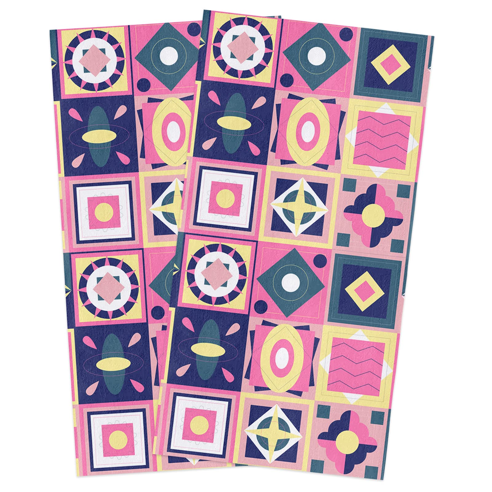 Premium Geometric Square Abstract Cotton Kitchen Towels Set of 2 - 18x28 Inch Soft Absorbent Dish Cloths, Tea Towels & Hand Towels for Bathroom, Bar, Dining & Home Decor