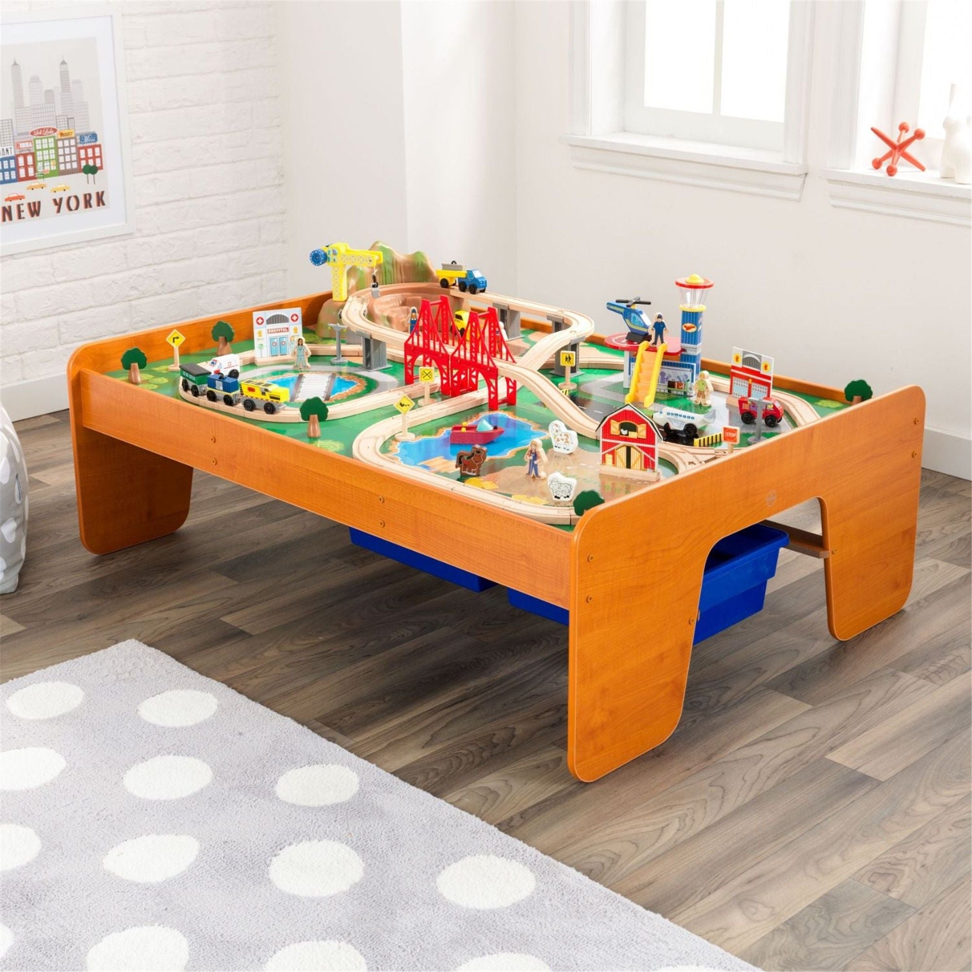 KidKraft Ride Around Town Train Set & Table - Wooden Toy Train Playset for Kids Ages 3+ | Perfect for Playrooms, Daycares & Birthday Gifts