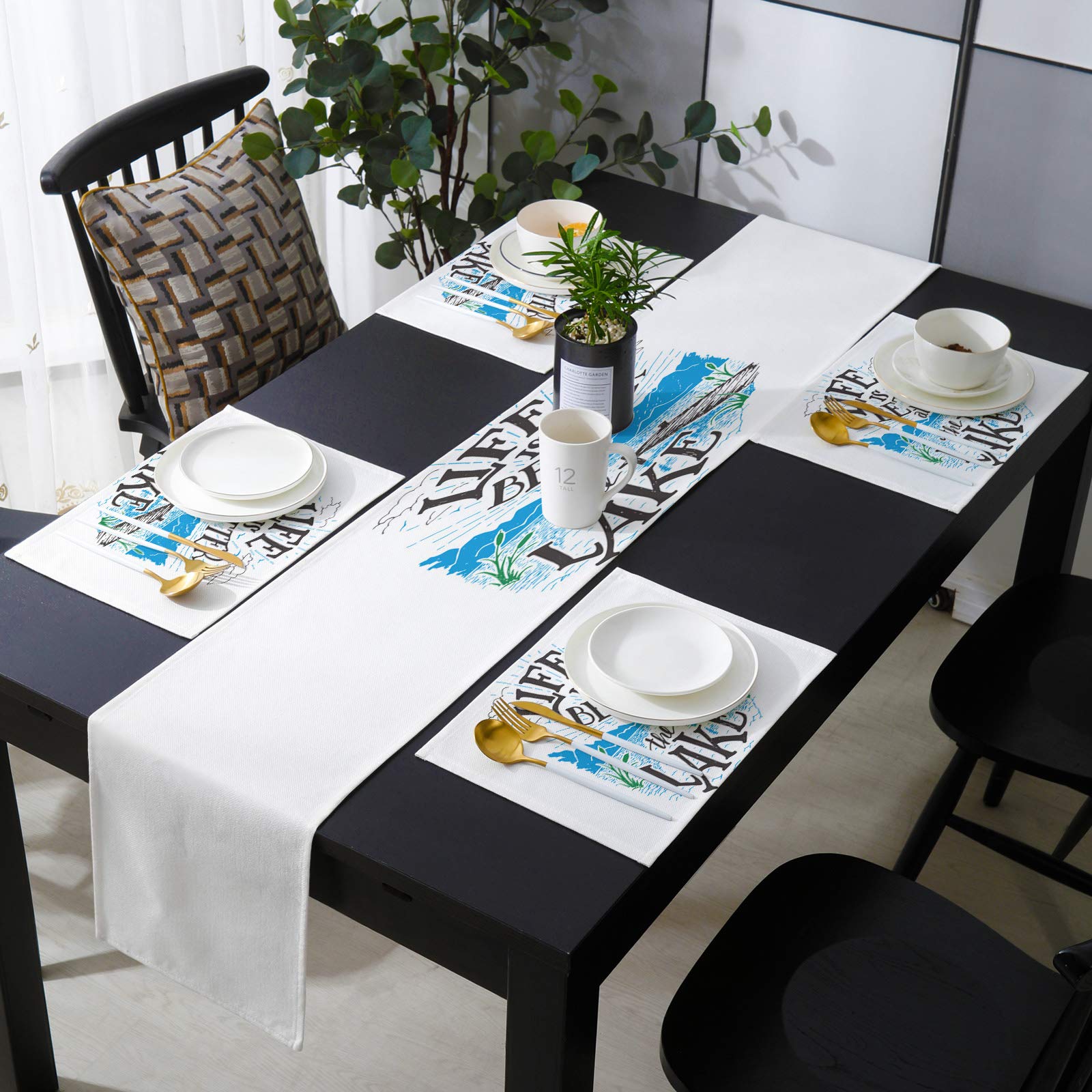 6PCS Cotton Linen Burlap Placemats with 13x70 Inch Matching Table Runner Set - Cartoon Lake Design for Kitchen, Dining, Party & Wedding Decor | Durable Polyester Table Mats for Coffee, Dinner & Home Decorating