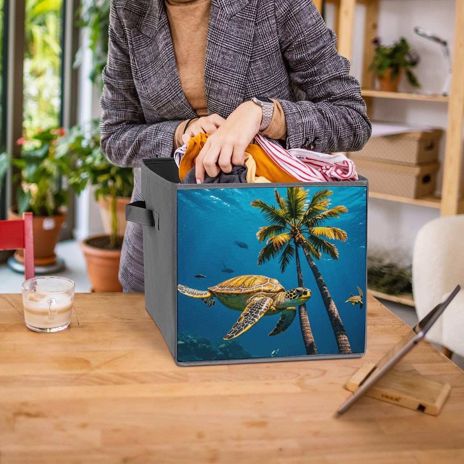 6-Piece Collapsible Storage Bins with Handles - Tropical Palm Trees & Sea Turtles Underwater Print - Multi-Functional Organizing Boxes for Home, Closet, Bathroom & Office Storage Solutions