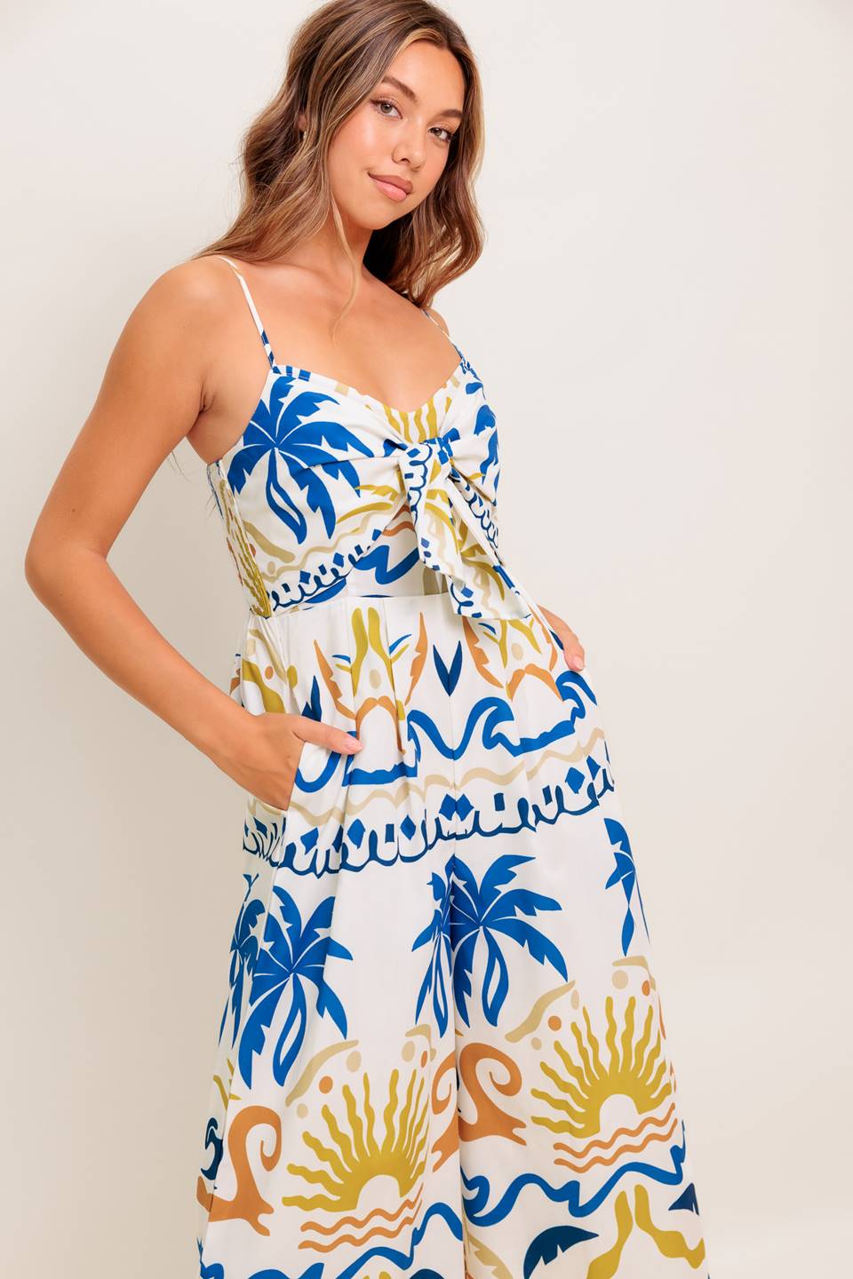 LIVANA CAMI JUMPSUIT for Women - Ivory & Blue Tropical Print Floral Romper - Perfect for Beach Vacation, Summer Outfits, and Casual Wear