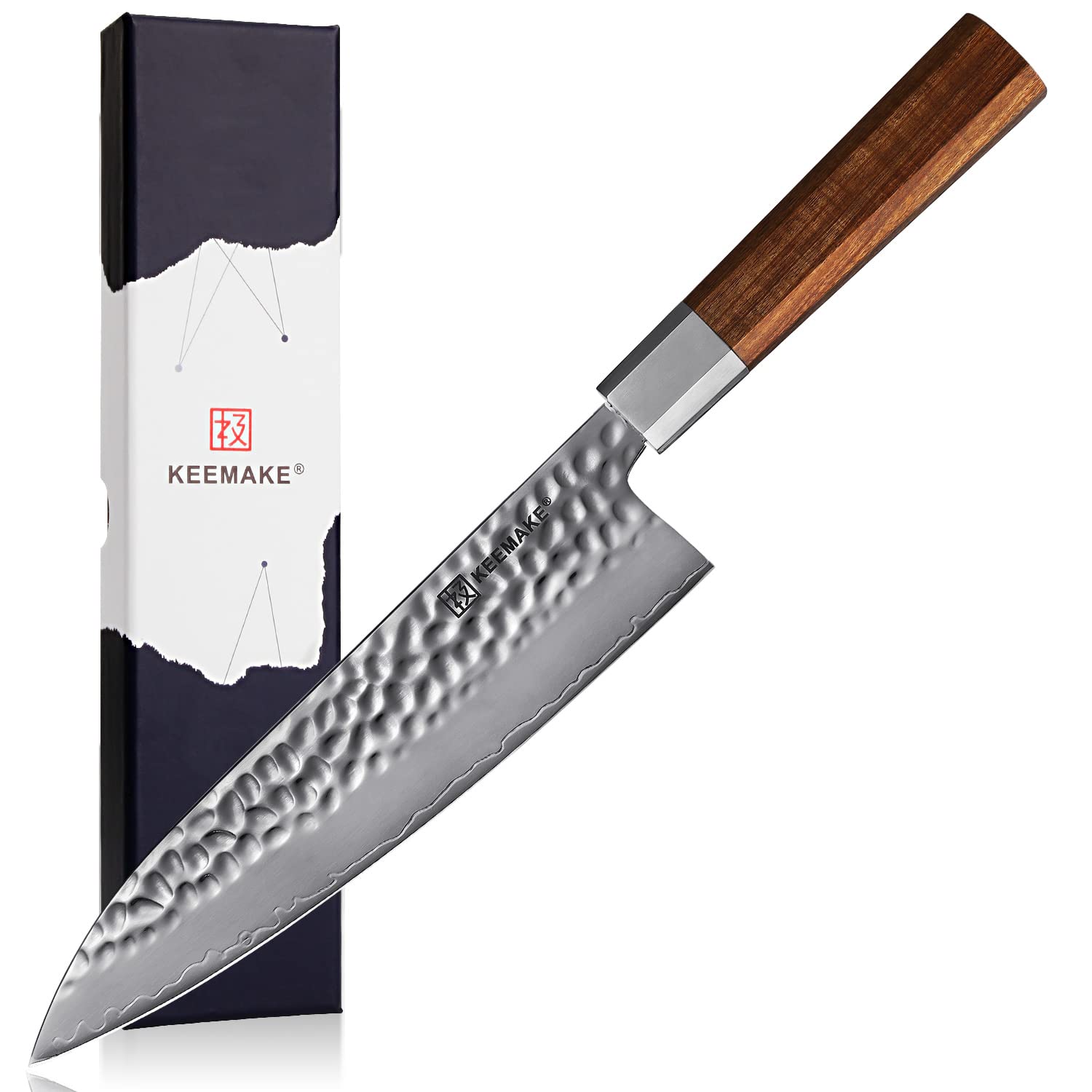 KEEMAKE 8 Inch Gyuto Japanese Chef Knife - Hand Forged 3-Layer 9CR18MOV High Carbon Steel Kitchen Knife with Octagonal Rosewood Handle - Perfect for Slicing, Dicing & Precision Cooking in Professional & Home Kitchens