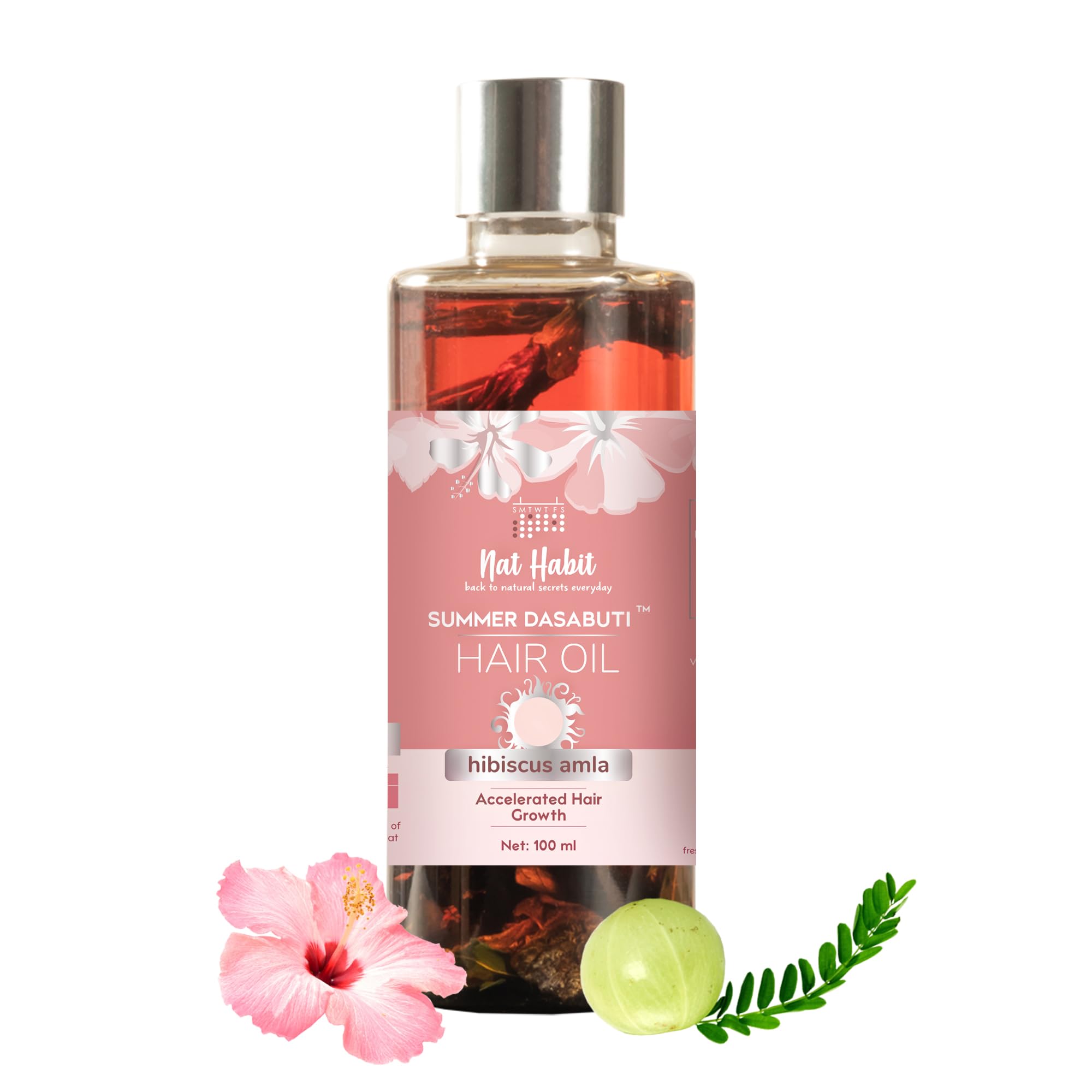 Nat Habit Hibiscus Amla Summer Hair Oil for Men & Women - 100% Natural Hair Growth Treatment for All Hair Types, No Parabens, Mineral Oil or Chemicals - Promotes Thickness & Strength (100ml) - Perfect for Daily Scalp Massage & Summer Hair Care