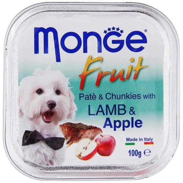 Premium Monge Fruit Lamb & Apple Pate with Chunkies Tray Dog Food 100g - Grain-Free Natural Wet Food for Small & Medium Dogs - Perfect for Mealtime, Training Treats & Digestive Health