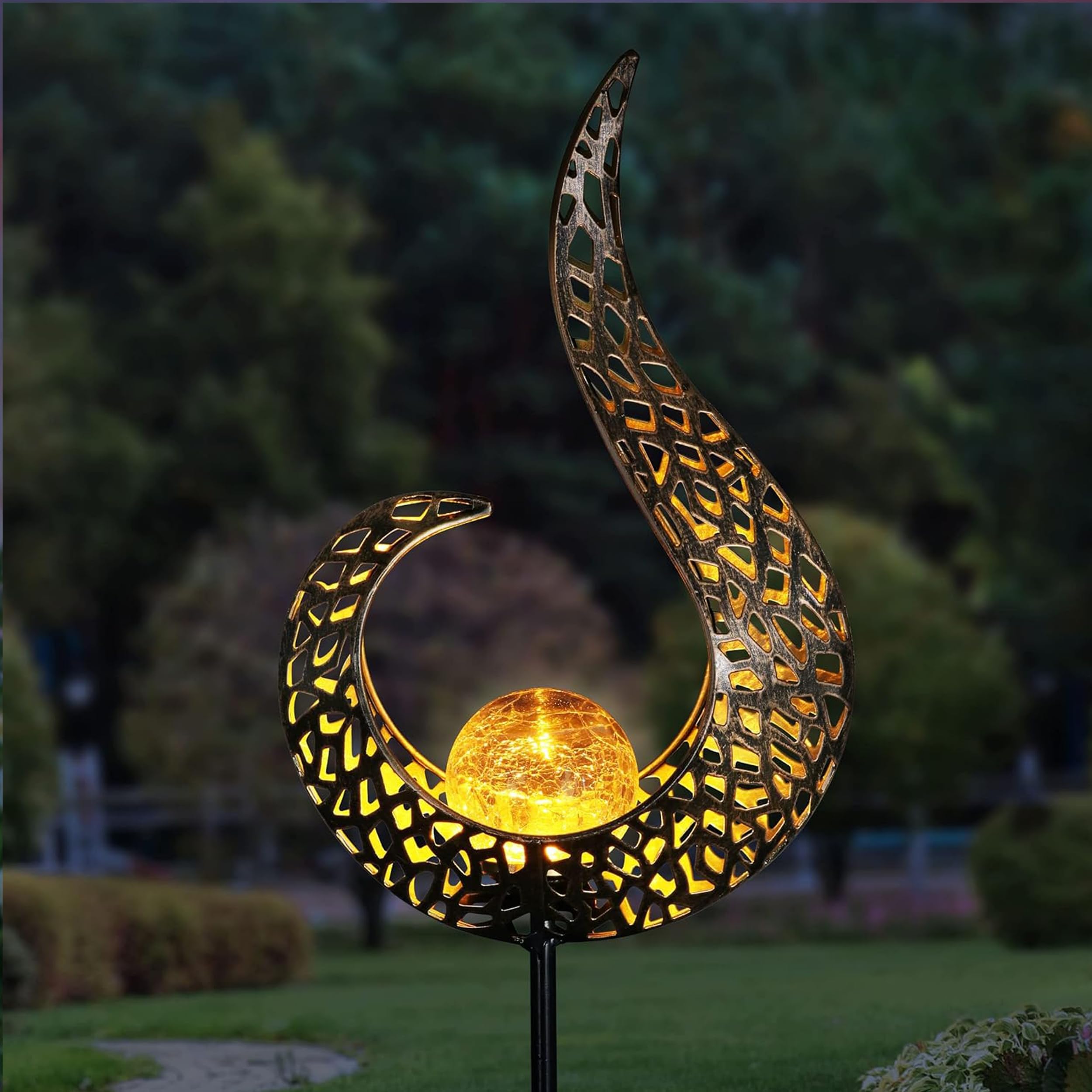 Exhart Solar Garden Lights - Half Flame Metal Filigree Torch Stake with Flickering LED Crackle Glass Ball - Outdoor Solar Decor (6.5 x 3 x 35.5 Inch) for Patio, Yard, Pathway & Landscape Lighting