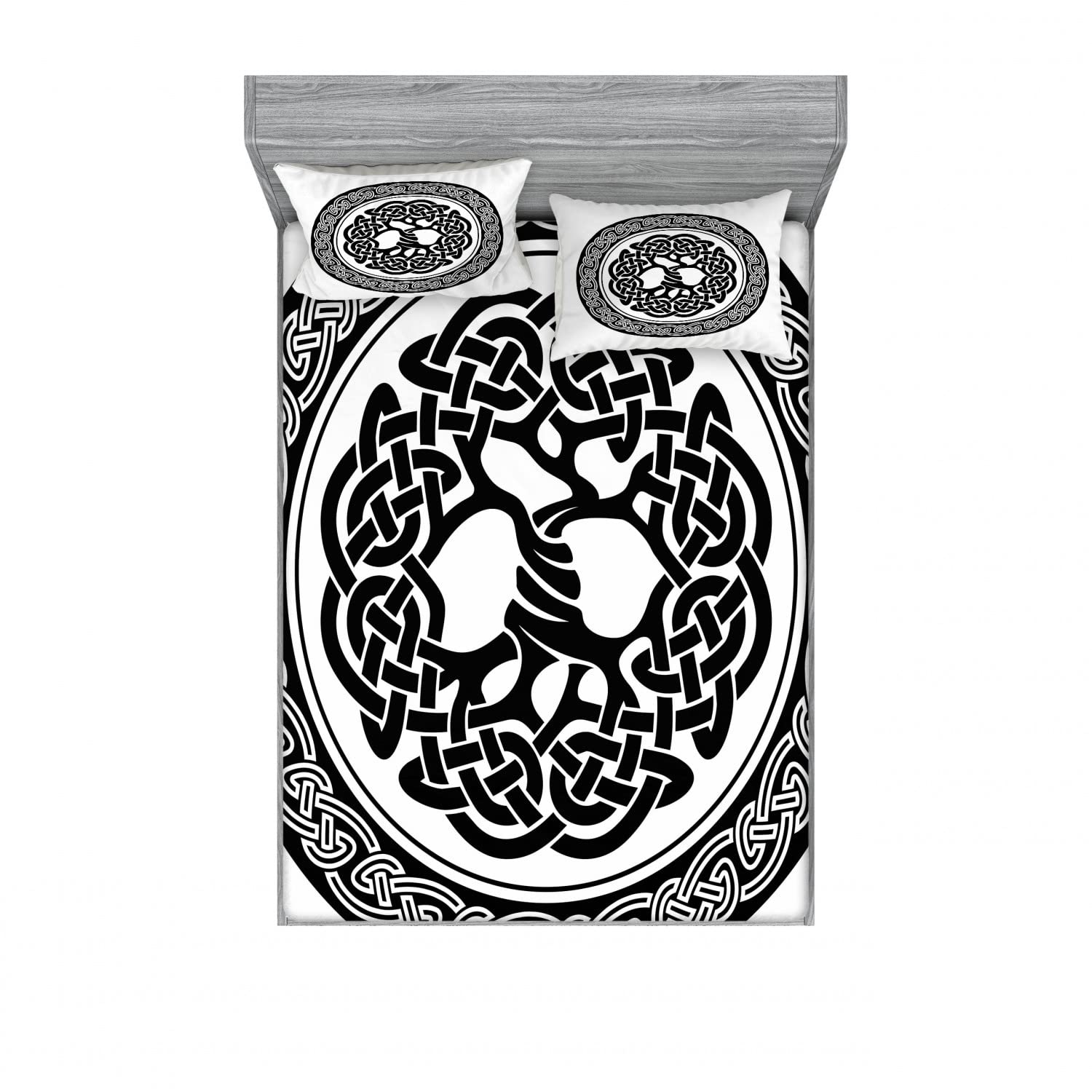 Ambesonne Celtic Tree of Life 2-Piece Queen Fitted Sheet Set with 4 Pillow Shams - Black & White Native Art Bedding Decor for Master Bedroom & Guest Room