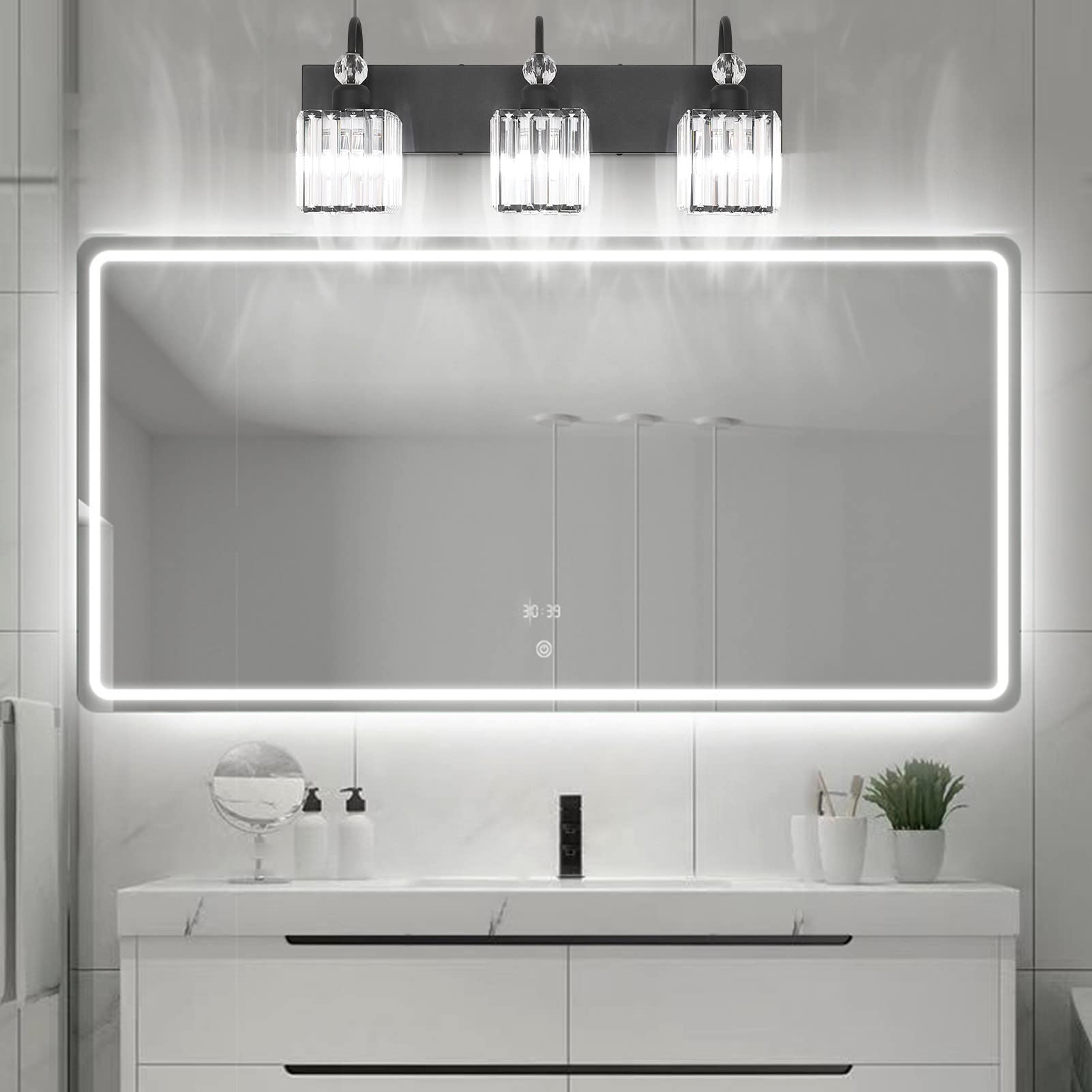 Ralbay Modern 3-Light Crystal Black Vanity Light - Matte Black Bathroom Wall Lighting Fixture for Mirror - Elegant & Durable for Bathroom, Powder Room & Dressing Area