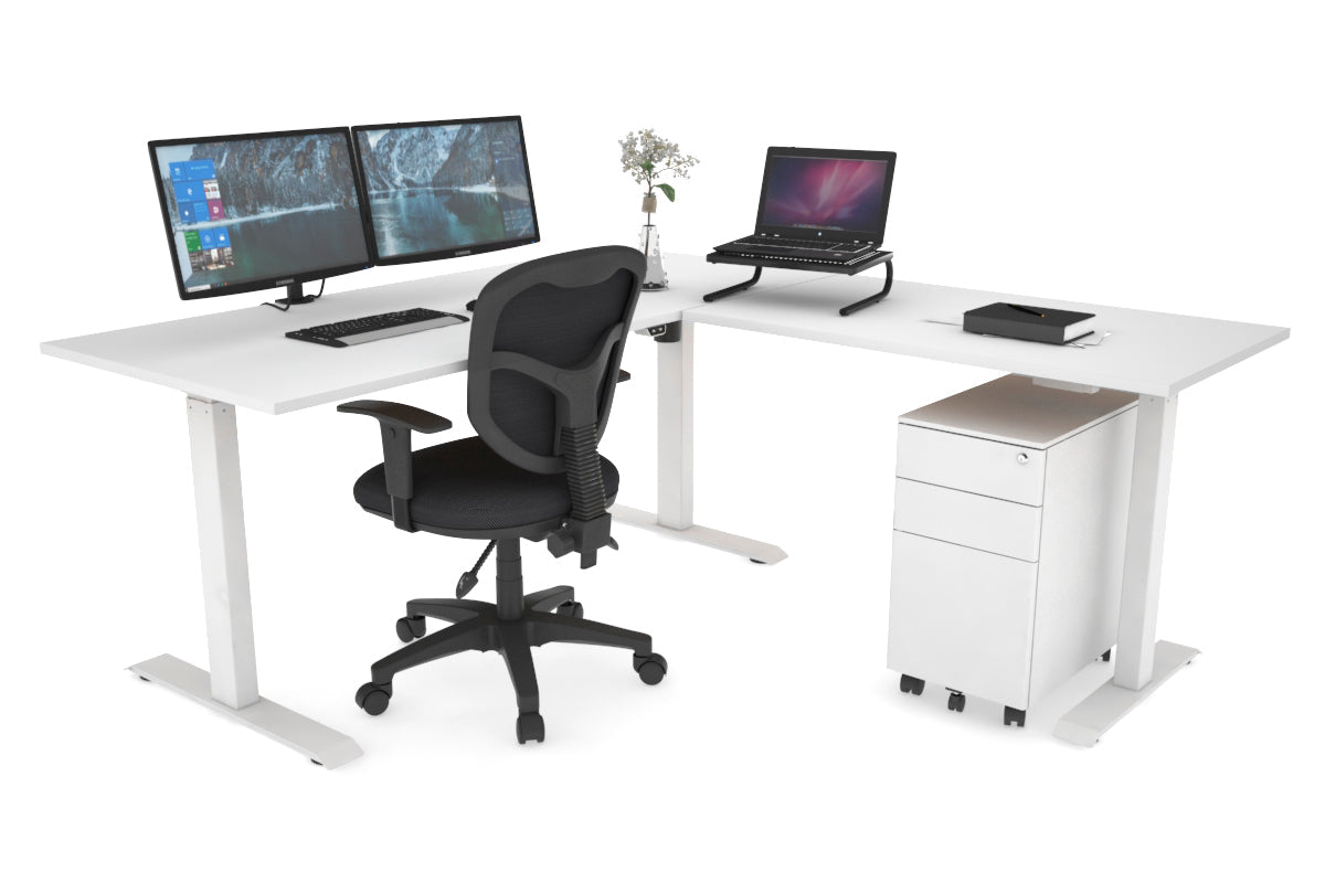 Adjustable Height Corner Workstation with White Frame - 1400L x 1450W - Ergonomic Home Office Desk for Small Spaces & Modern Workspaces