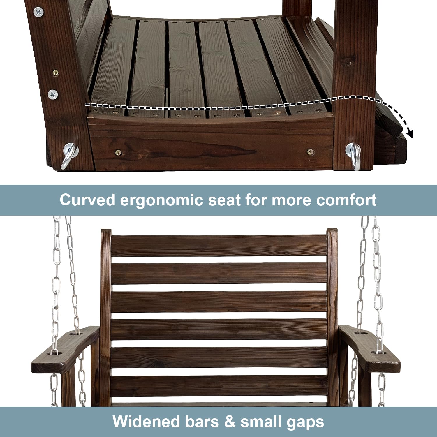 **Heavy Duty Wooden Porch Swing - Ergonomic Outdoor Bench Swing with Hanging Chains & 7mm Springs - Supports 880 lbs - Perfect for Patio, Garden, Yard & Backyard Relaxation (Deep Brown, 1-Seater)**