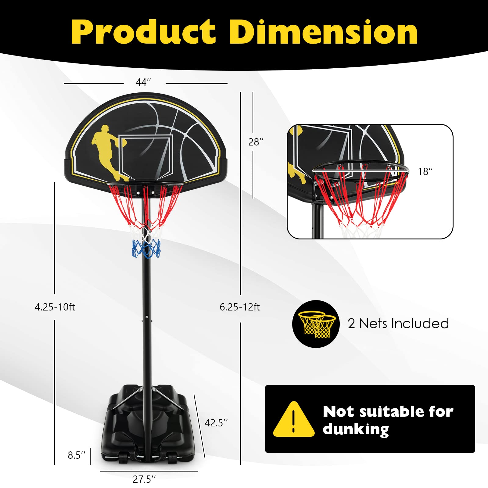 Adjustable Basketball Hoop 4.25-10FT - Portable Indoor/Outdoor Goal with Shatterproof Backboard for Kids & Adults - Perfect for Driveway & Backyard Play