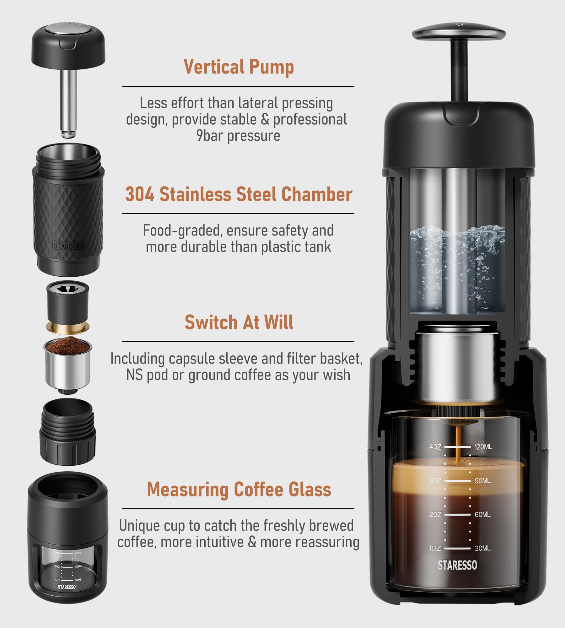 STARESSO Classic Portable Espresso Maker - 2-in-1 Travel Coffee Machine for Ground Coffee & Nespresso Pods | Manual Stainless Steel Espresso Maker for Camping, Hiking, Office & Home Use