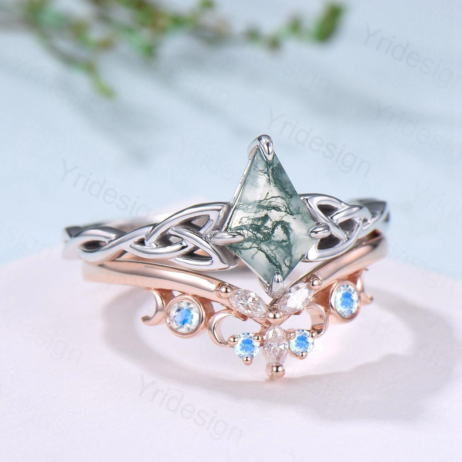 Viking Kite Cut Moss Agate Engagement Ring Set with Celtic Love Knot Moonstone Wedding Band - Vintage Unique Twisted Green Crystal Bridal Jewelry for Norse Wedding, Handfasting Ceremony & Boho Bridal Fashion