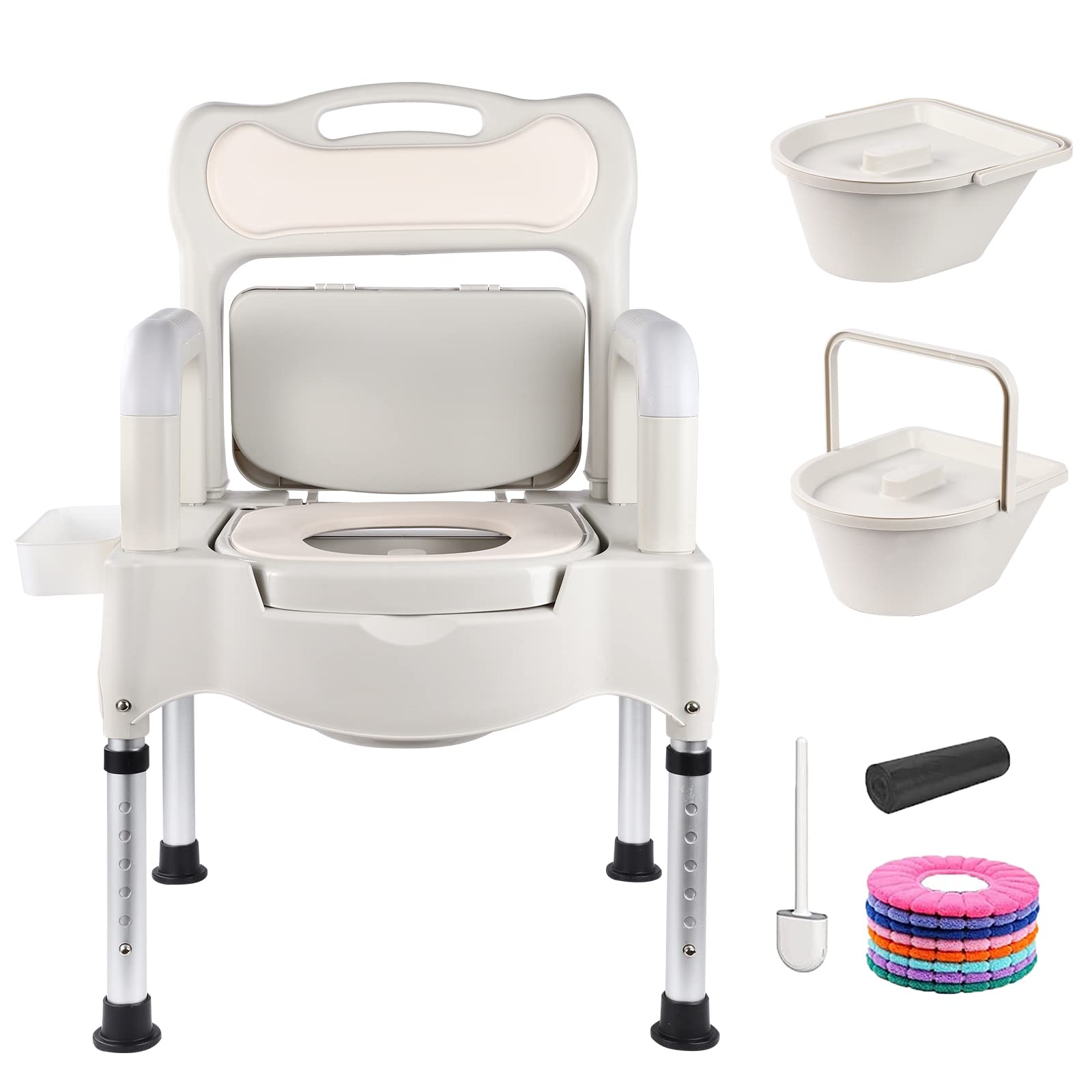 **Adjustable Height Adult Bedside Commode - Portable Toilet Chair for Seniors & Disabled with Arms - White - Ideal for Home Care, Elderly Assistance & Post-Surgery Recovery**