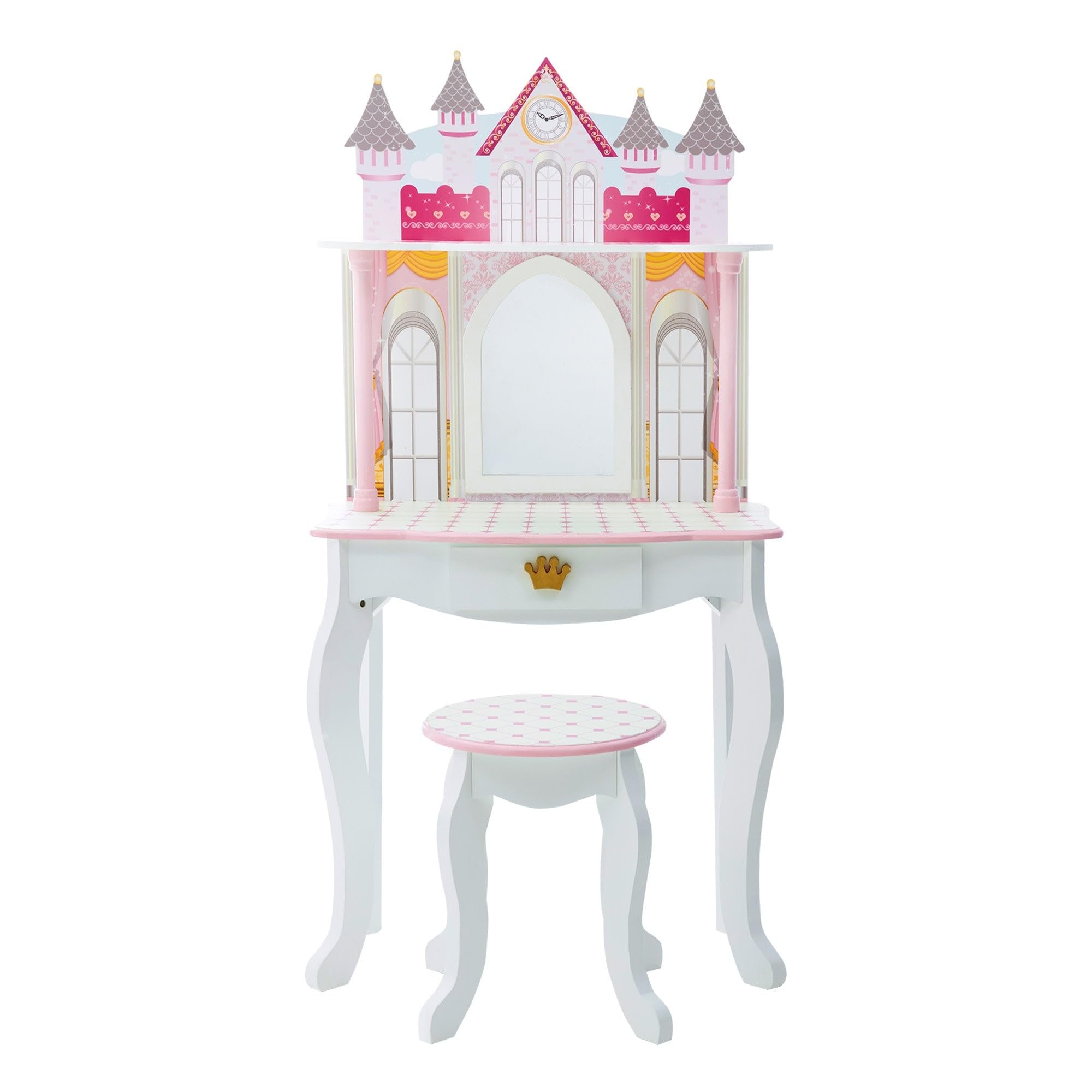 Teamson Kids Dreamland Princess Play Vanity Set with Mirror, Shelf, Storage Drawer & Stool - White & Pink Doll Furniture for 12