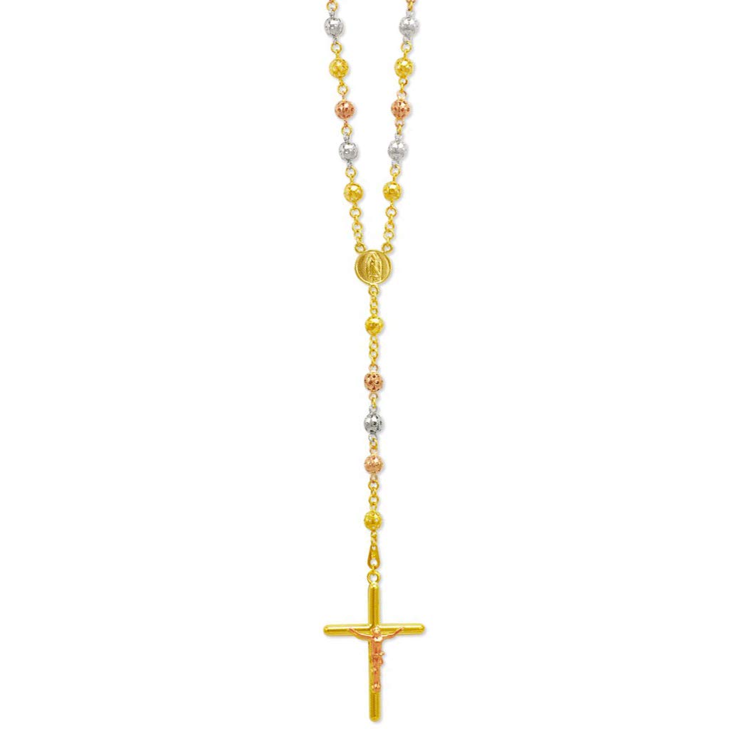 14K Tricolor Gold Rosary Chain Necklace for Men - Elegant Shiny Pendant Religious Jewelry Gift - 26 Inch Length - Perfect for Church, Weddings & Special Occasions
