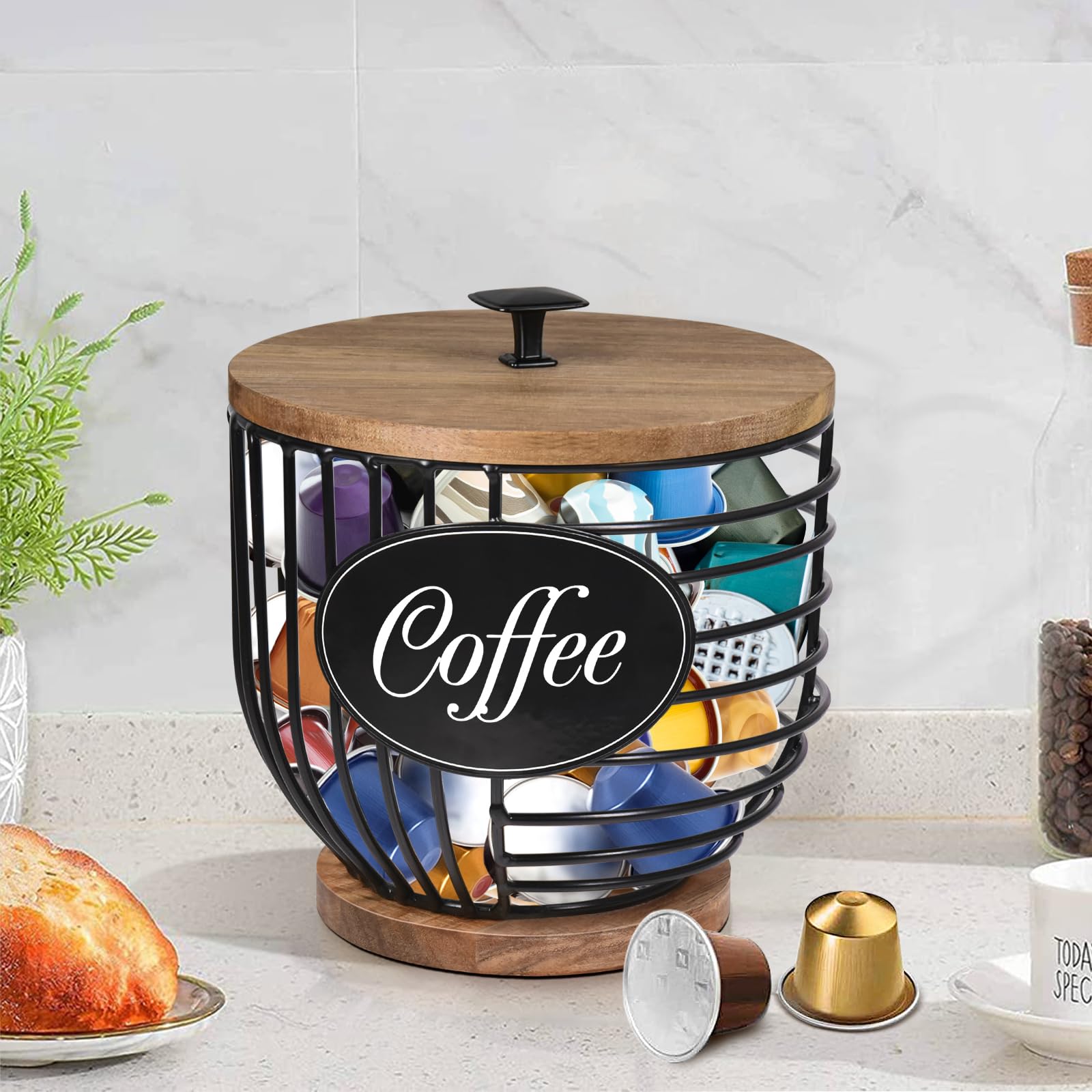 Rustic Coffee Pod Holder Organizer - Black Wire with Wood Base for Keurig K-Cups & Nespresso Capsules - Coffee Bar Accessories & Decor - Perfect for Kitchen Countertop & Coffee Station Organization