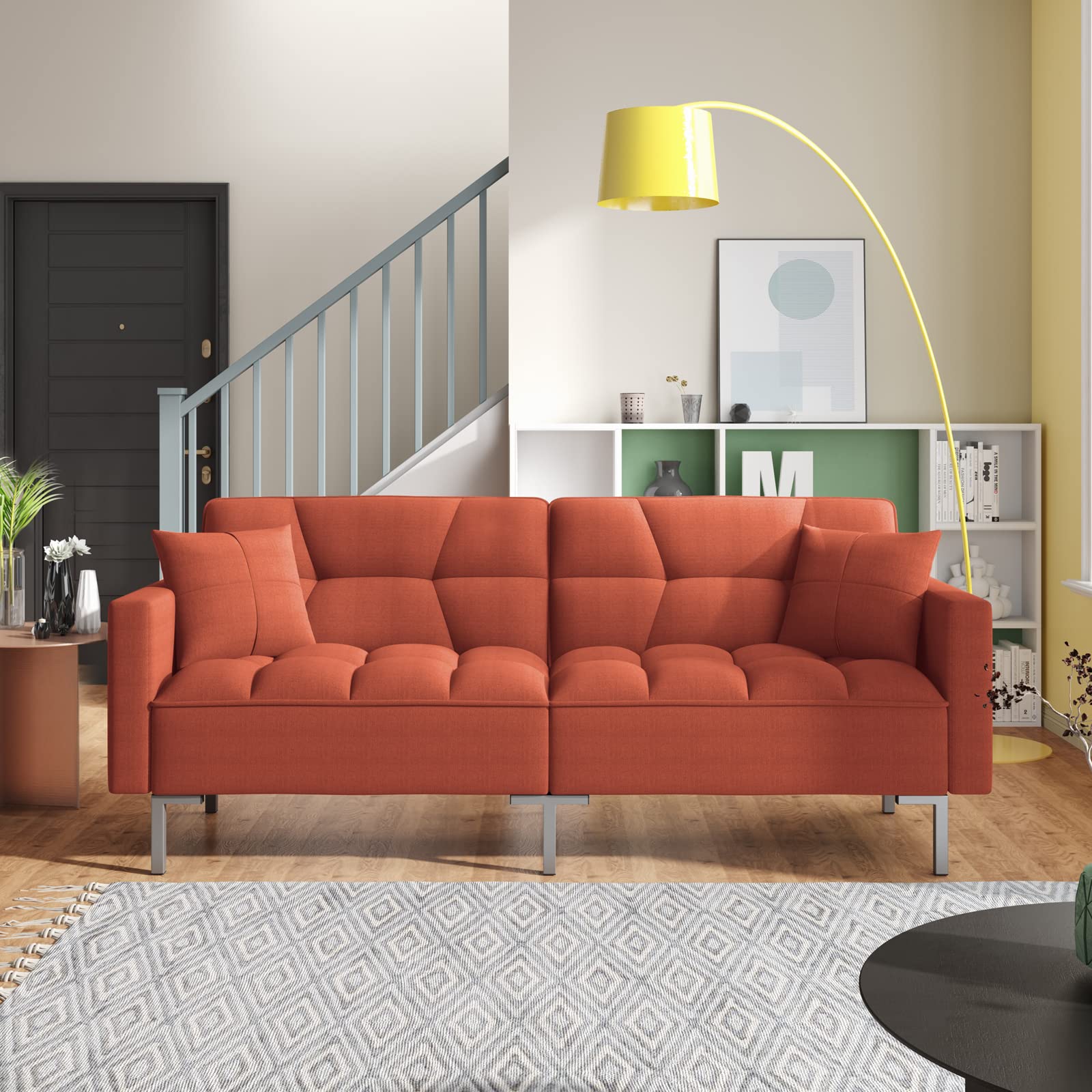 Convertible 3-Seat Folding Sofa with Gold Legs - Modern Linen Fabric Tufted Couch with 2 Throw Pillows - Sleeper Loveseat & Futon Sofa Bed for Small Spaces - Perfect for Living Room, Bedroom, Bonus Room & Studio Apartments