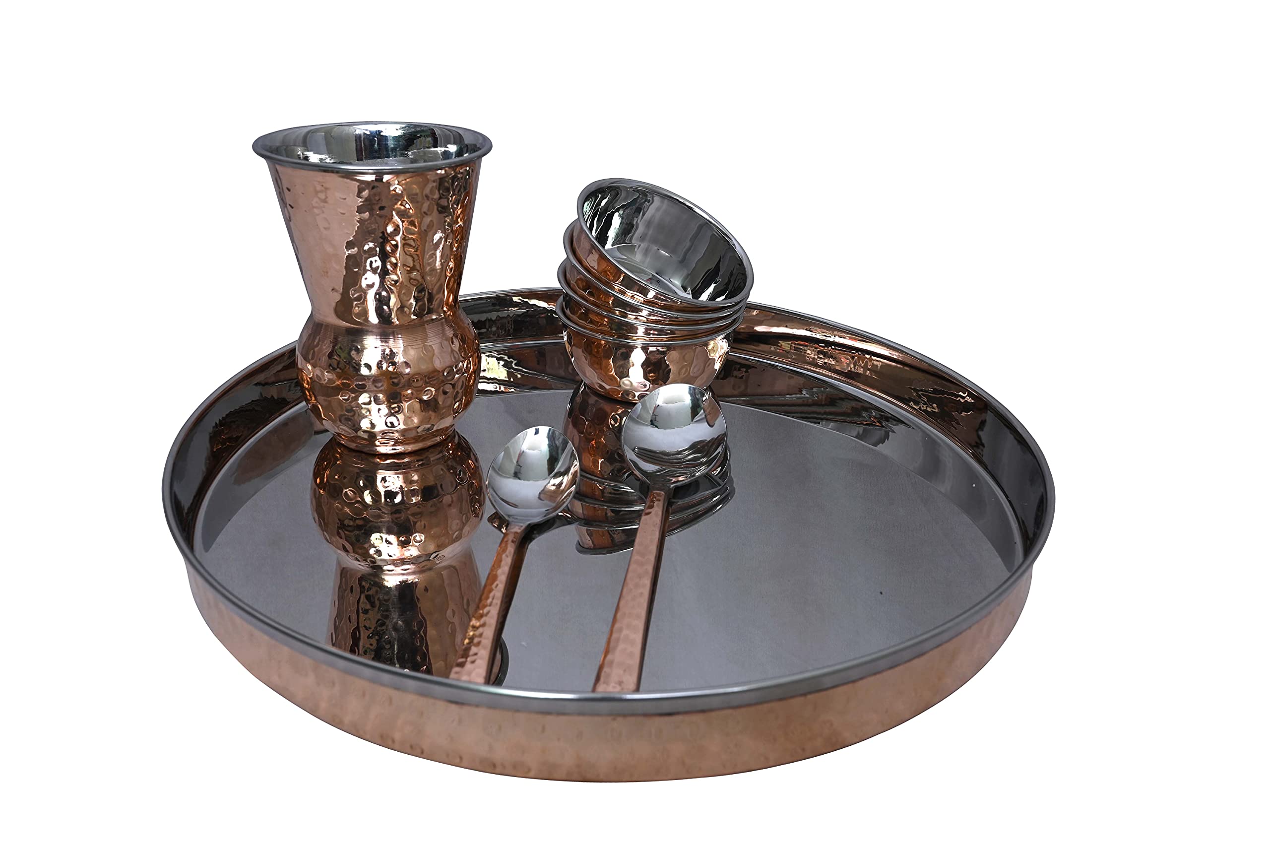 4-Piece Stainless Steel & Copper Traditional Thali Dinnerware Set - 12-Inch Plate, Bowls, Glass & Spoon | Indian Cuisine Serving Set for Home, Restaurants & Festive Occasions
